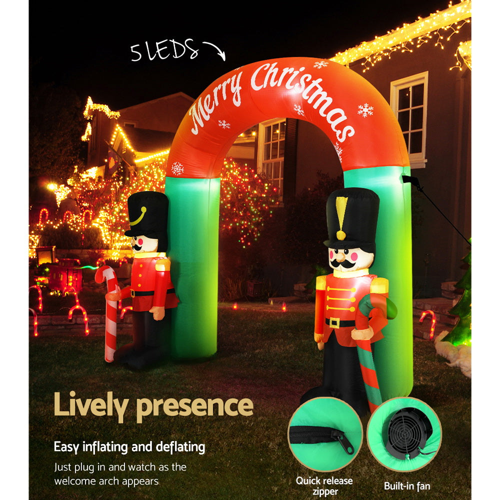 Jingle Jollys Christmas Inflatable Nutcracker Archway, 3M tall, colorful design with built-in LEDs, perfect for festive outdoor decoration.