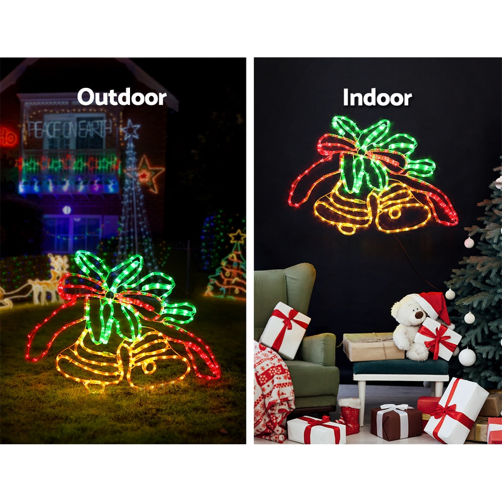 Jingle Jollys Christmas Lights with multi-coloured LED bulbs, showcasing a festive outdoor decoration motif.