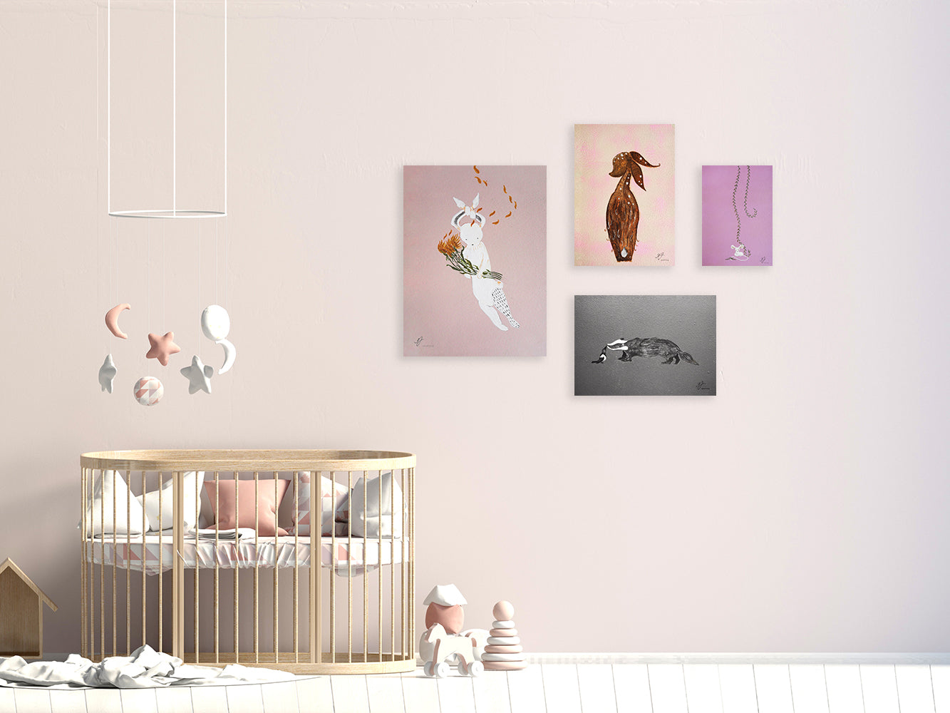 JÄNÖ sellutaulu featuring a cute rabbit with a bow, designed for children's room decor.