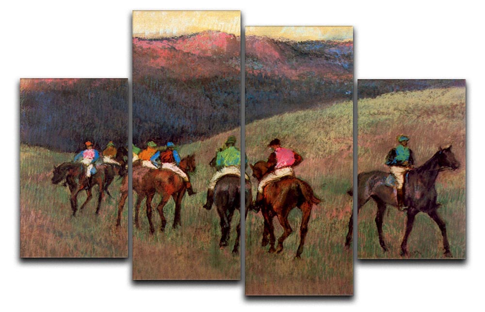 A 4-split canvas artwork featuring jockeys in training by Degas, showcasing dynamic movement and vibrant colors across four panels.