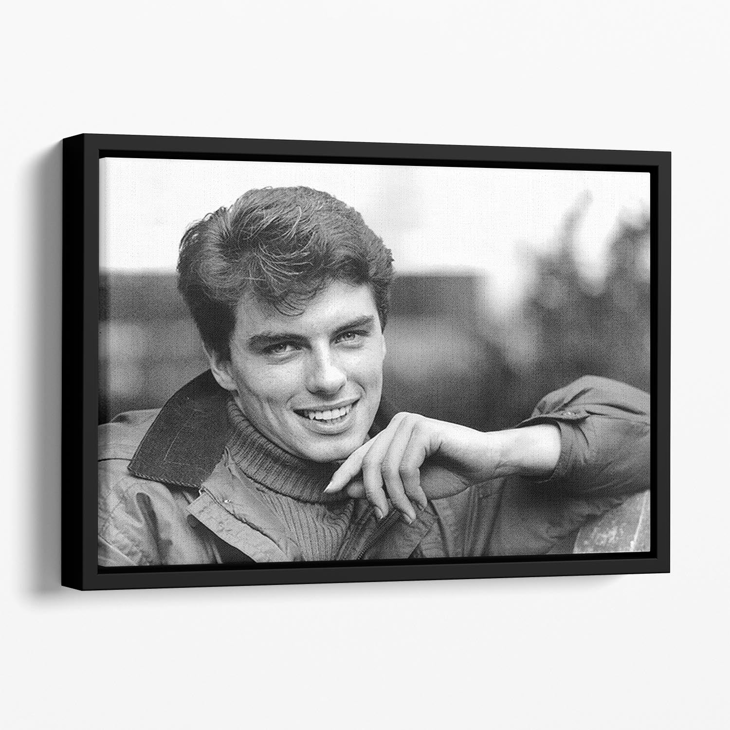 John Barrowman in 1989 Floating Framed Canvas featuring vibrant abstract colors and elegant wooden frame.