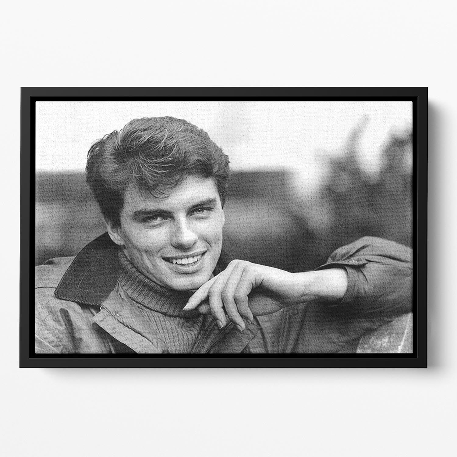 John Barrowman in 1989 Floating Framed Canvas featuring vibrant abstract colors and elegant wooden frame.