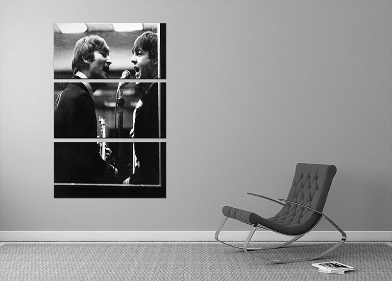 Three-panel canvas art featuring John Lennon and Paul McCartney in a recording studio, showcasing their iconic presence.