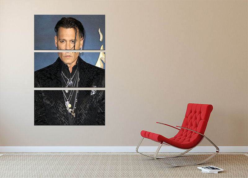 A stunning 3-panel canvas print featuring Johnny Depp at a premiere in 2018, showcasing vibrant colors and intricate details.