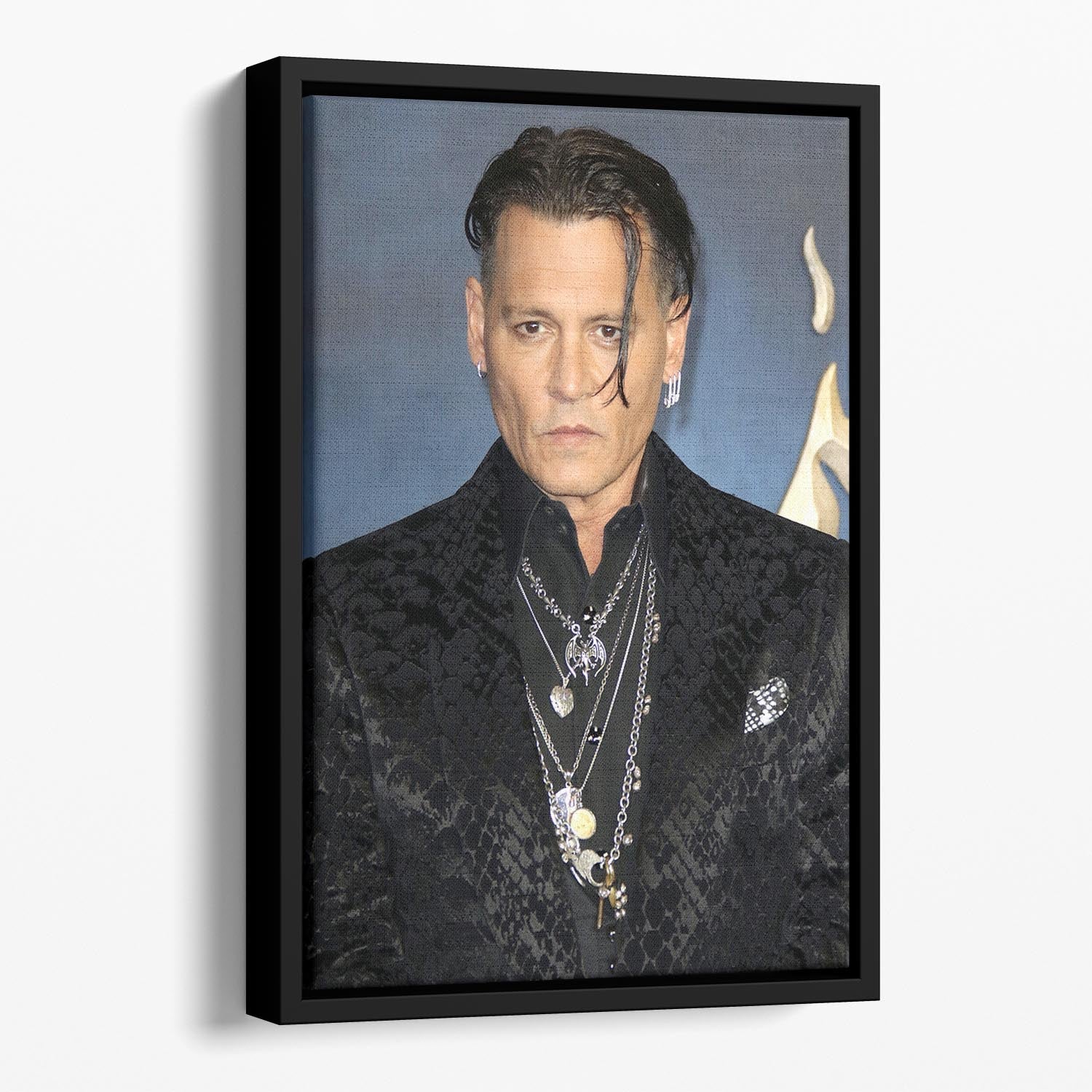 A vibrant floating framed canvas featuring Johnny Depp at a premiere in 2018, showcasing abstract art with striking colors.