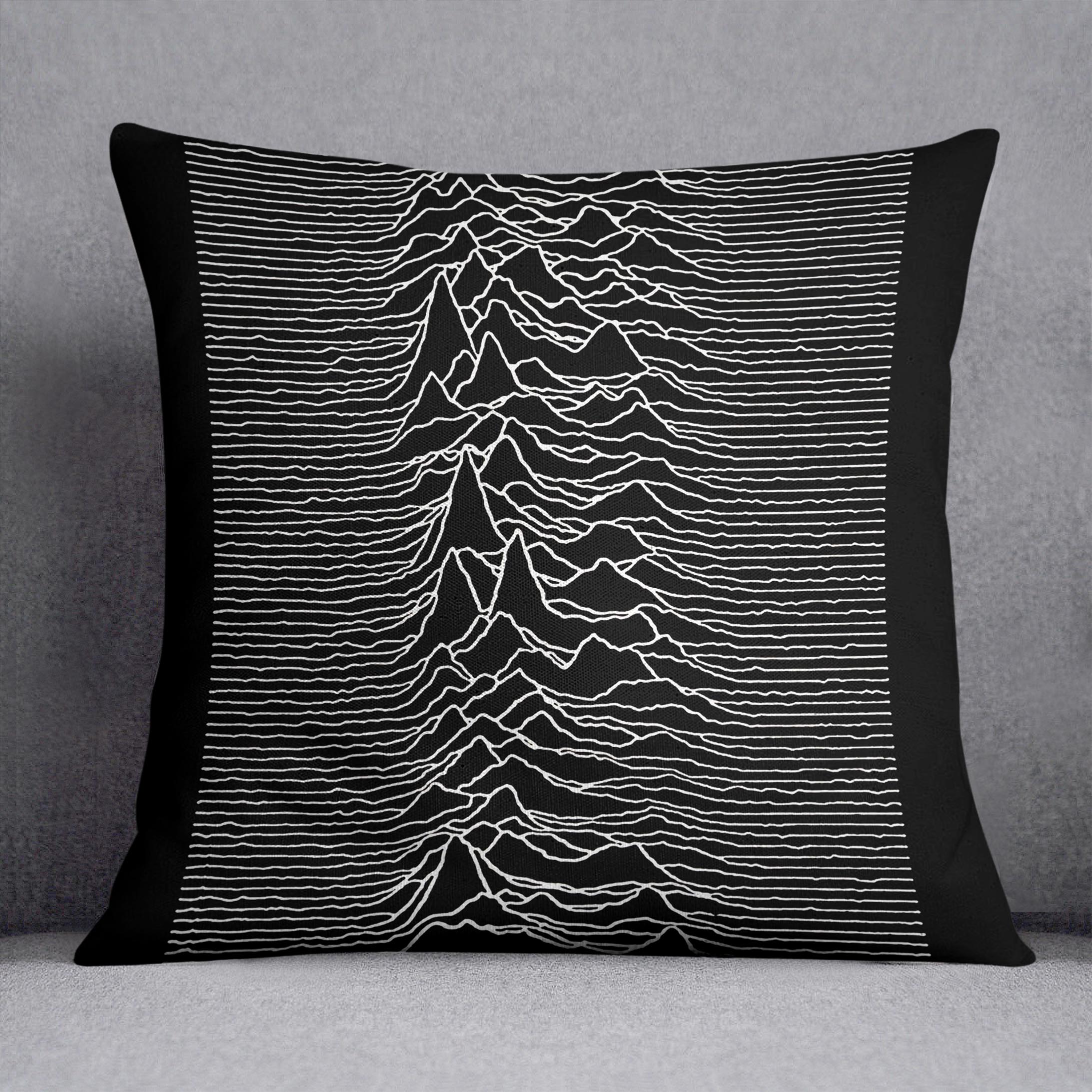 Joy Division Unknown Pleasures Cushion featuring vibrant abstract design on luxurious vegan faux suede.