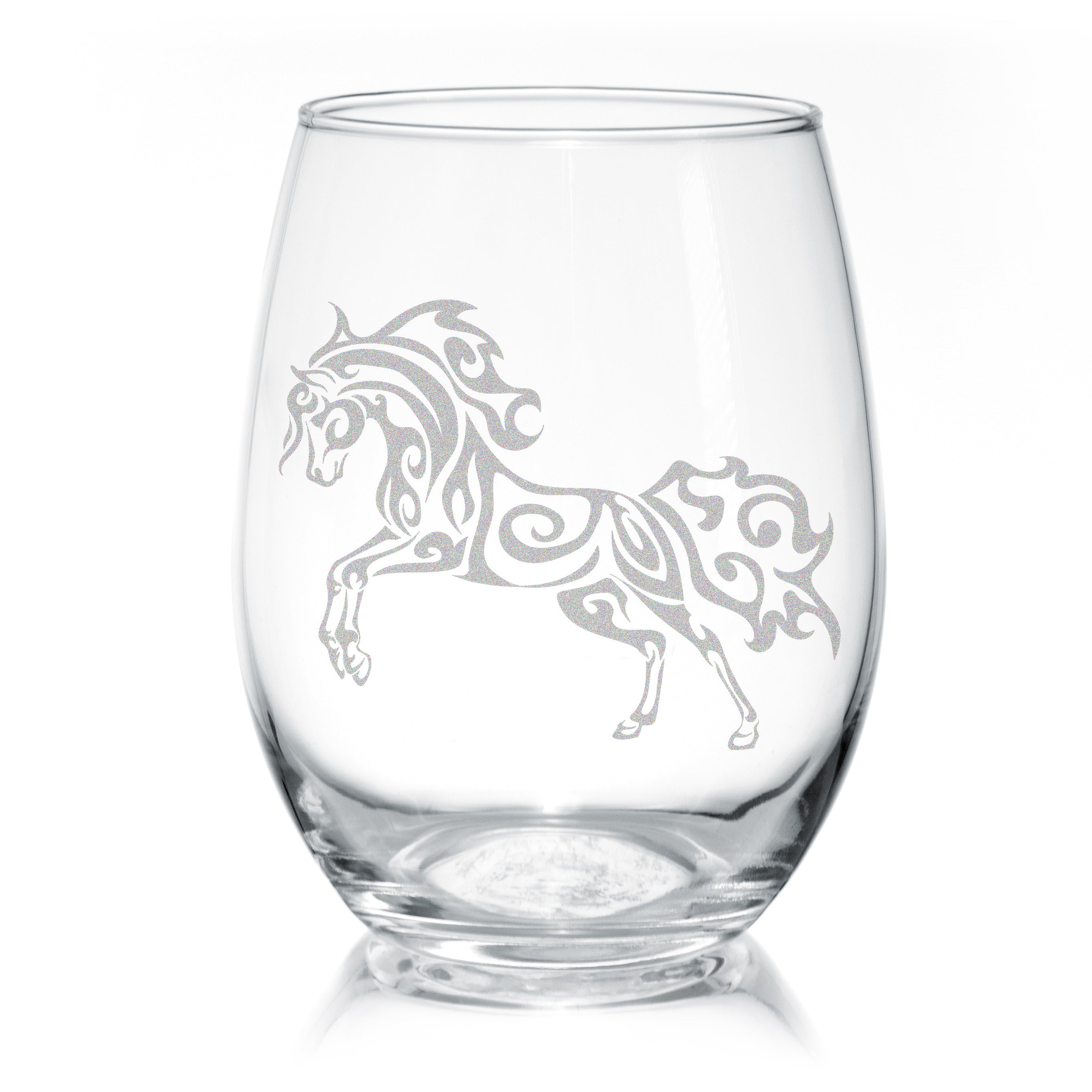 Set of Joyful Arabian Horse Stemless Wine Glasses showcasing elegant design and equestrian theme.