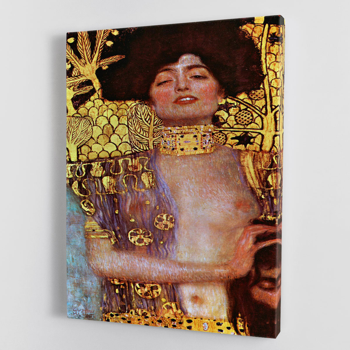 Judith by Klimt canvas print showcasing a powerful female figure in rich colors and intricate details, perfect for elegant decor.