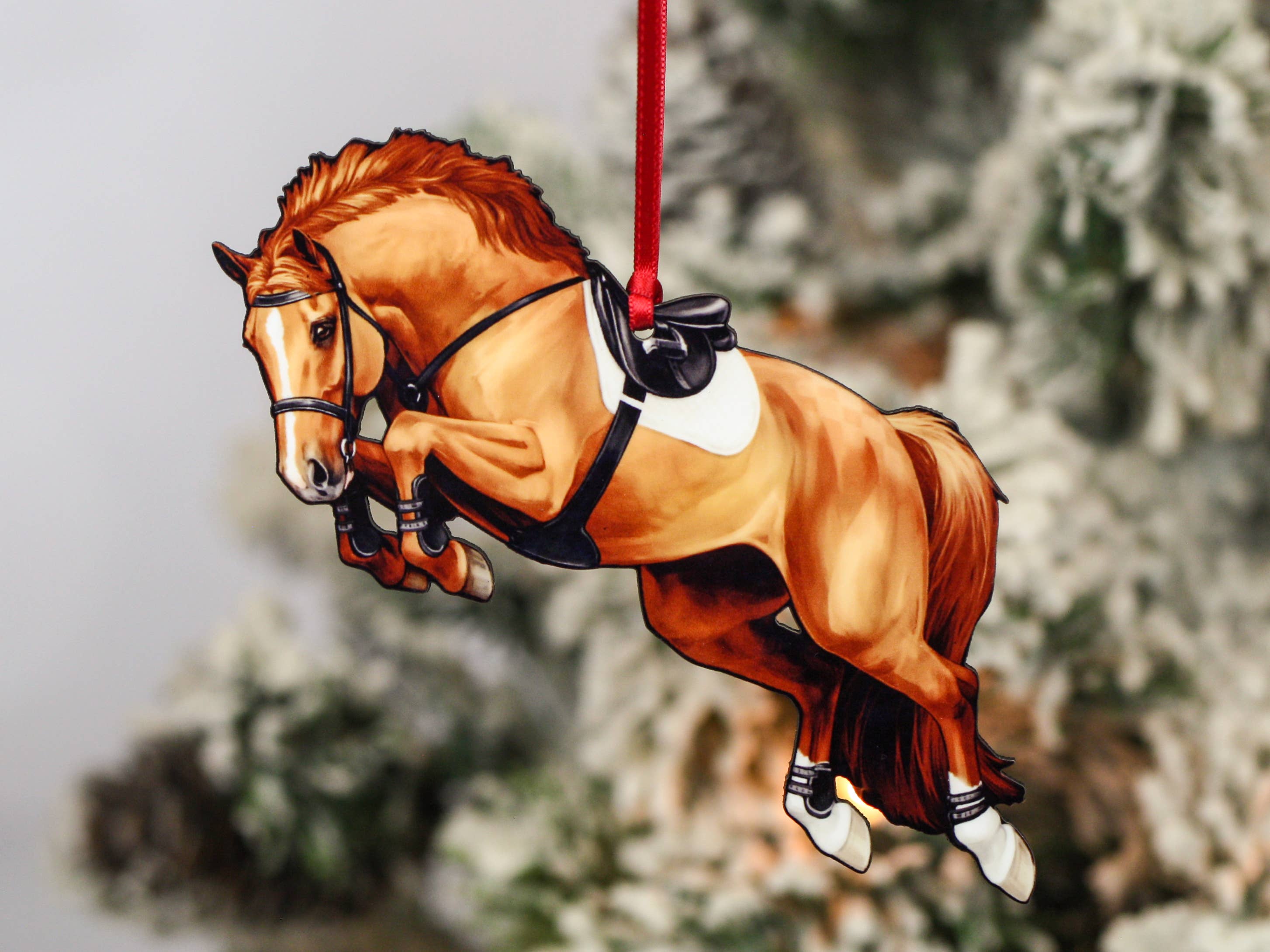 A beautifully crafted chestnut horse ornament, featuring a glossy finish and intricate laser-cut details, perfect for holiday decoration.