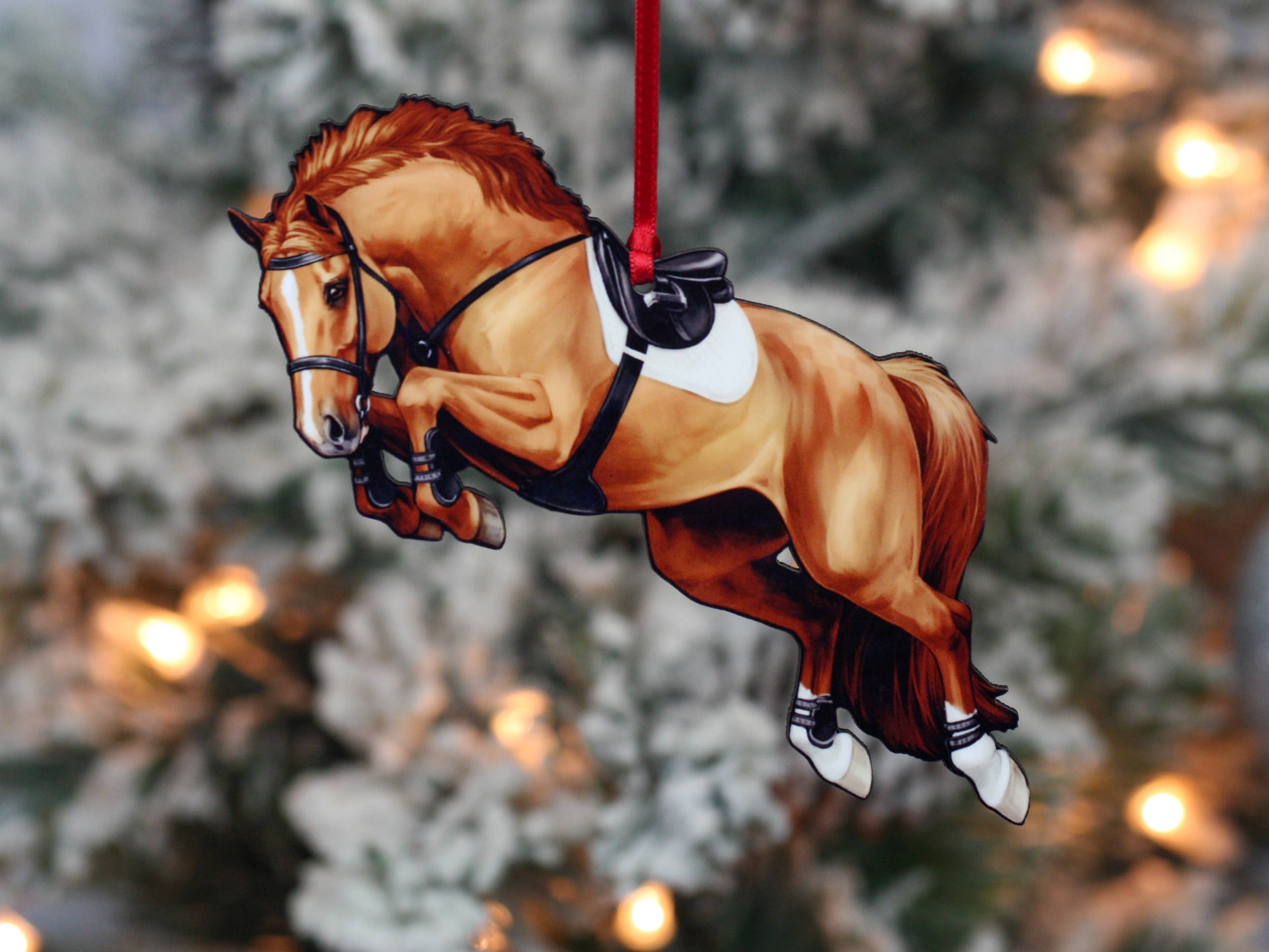 A beautifully crafted chestnut horse ornament, featuring a glossy finish and intricate laser-cut details, perfect for holiday decoration.