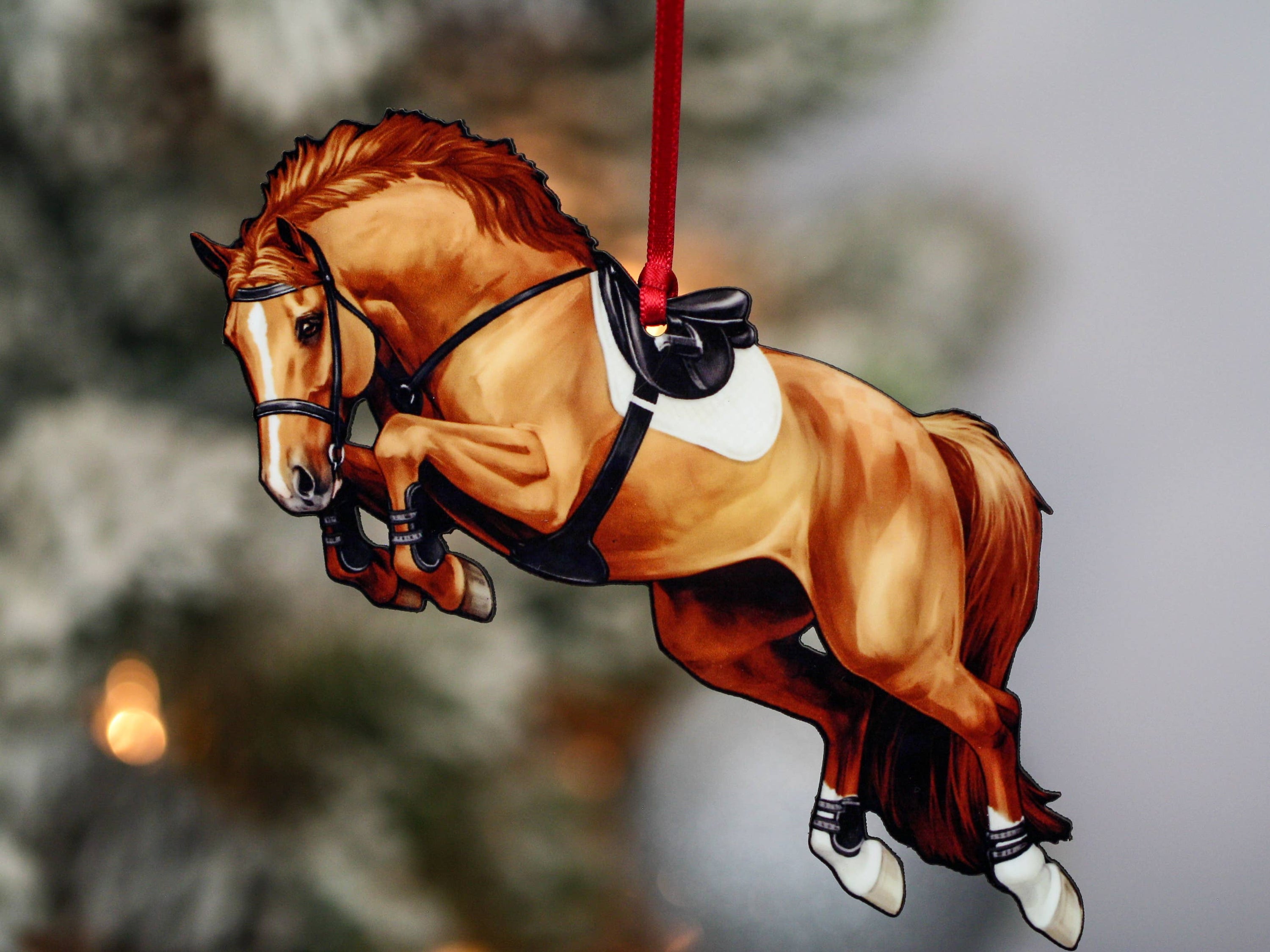 A beautifully crafted chestnut horse ornament, featuring a glossy finish and intricate laser-cut details, perfect for holiday decoration.
