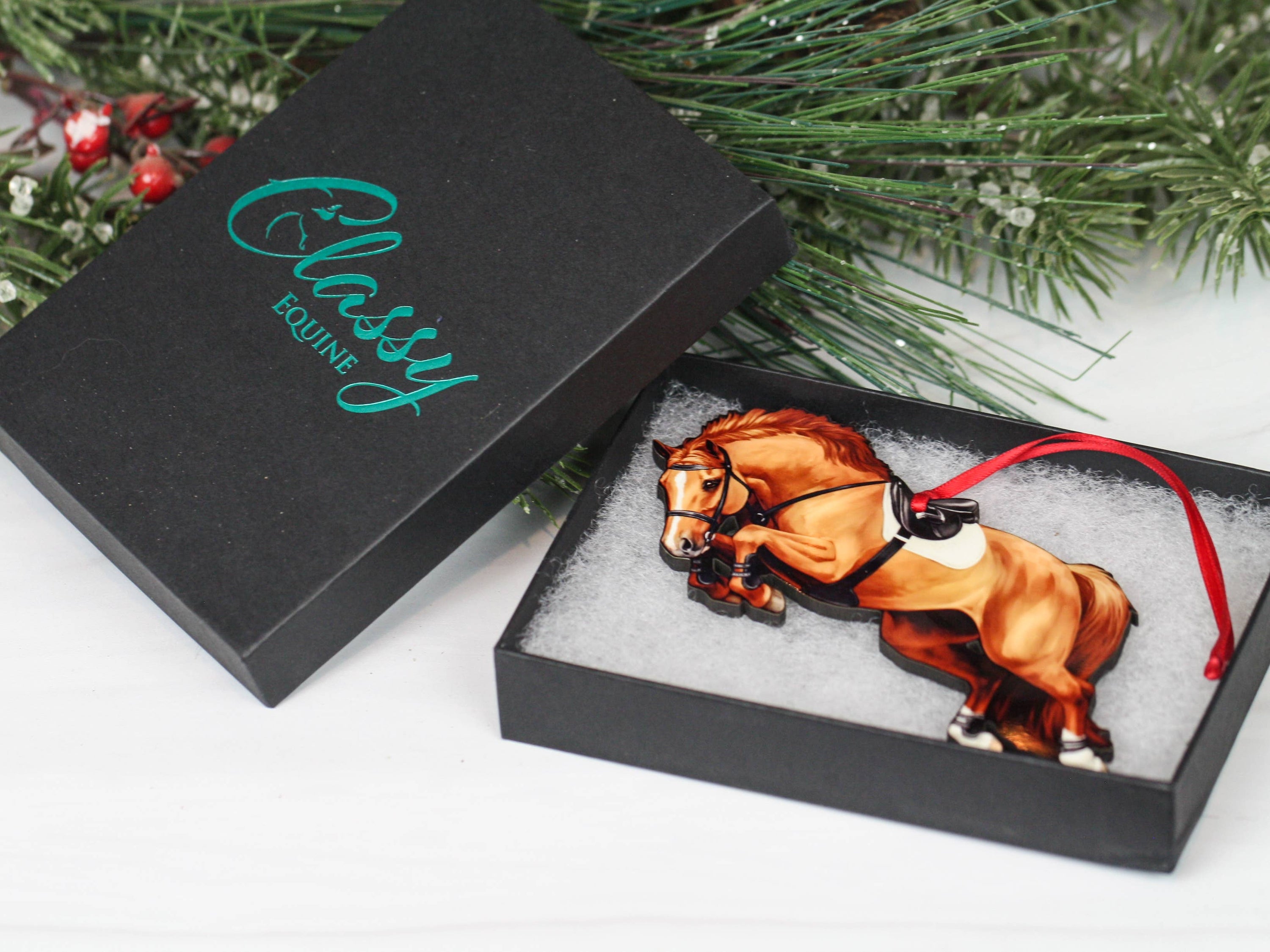 A beautifully crafted chestnut horse ornament, featuring a glossy finish and intricate laser-cut details, perfect for holiday decoration.