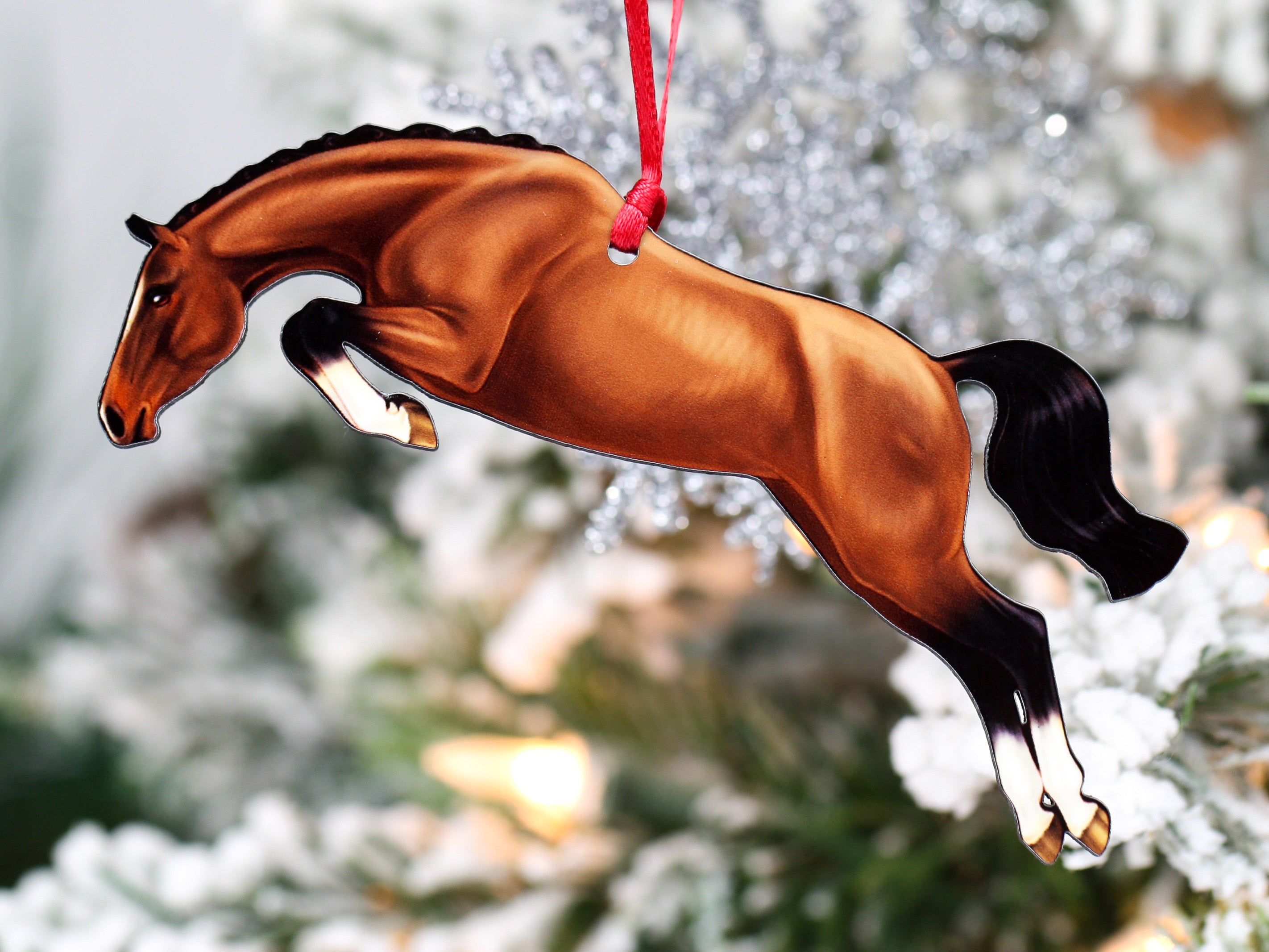 Bay Hunter Jumper II jumping horse ornament, handmade from composite wood, featuring a bay hunter jumper in mid-jump, with a dark brown backside.