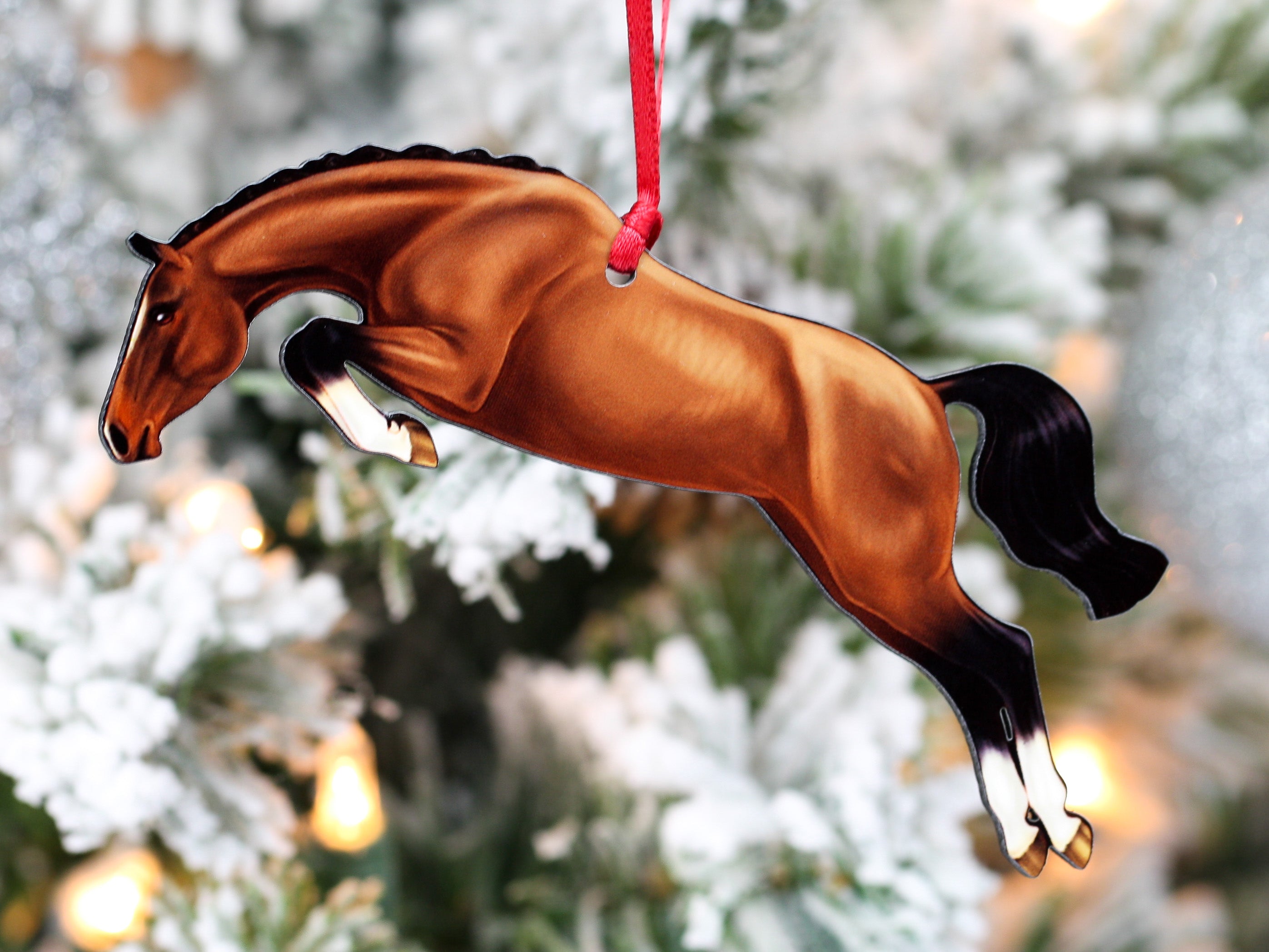 Bay Hunter Jumper II jumping horse ornament, handmade from composite wood, featuring a bay hunter jumper in mid-jump, with a dark brown backside.