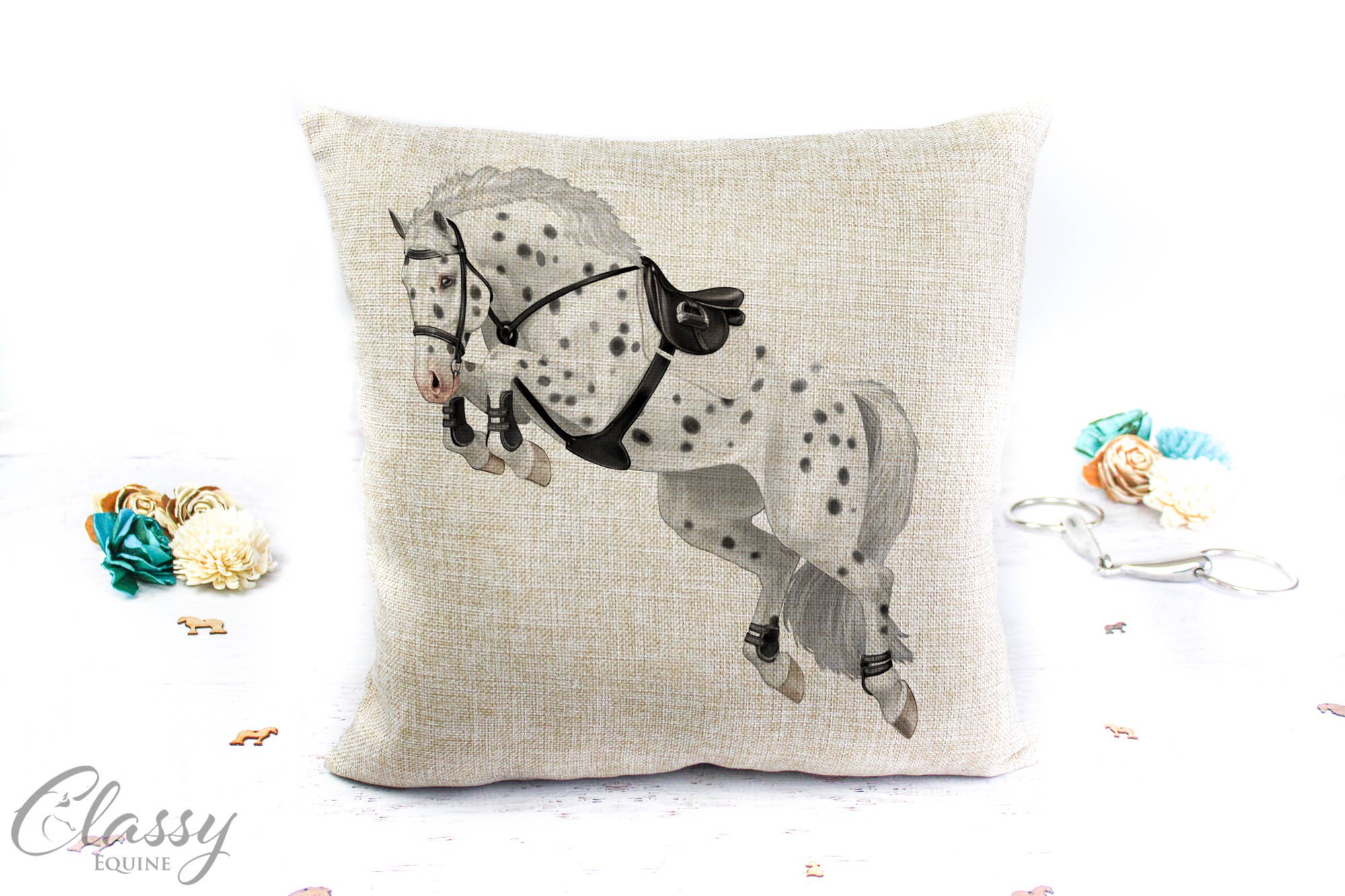 Jumping Horse Pillow Cover featuring a 3/4 angle jumping horse design on a polyester linen fabric, perfect for equestrian decor.