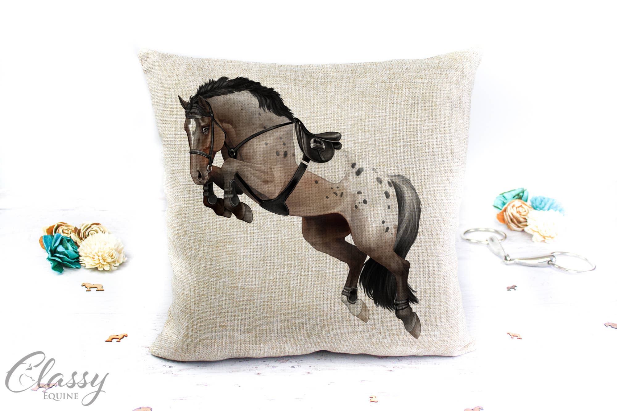 Jumping Horse Pillow Cover featuring a 3/4 angle jumping horse design on a polyester linen fabric, perfect for equestrian decor.