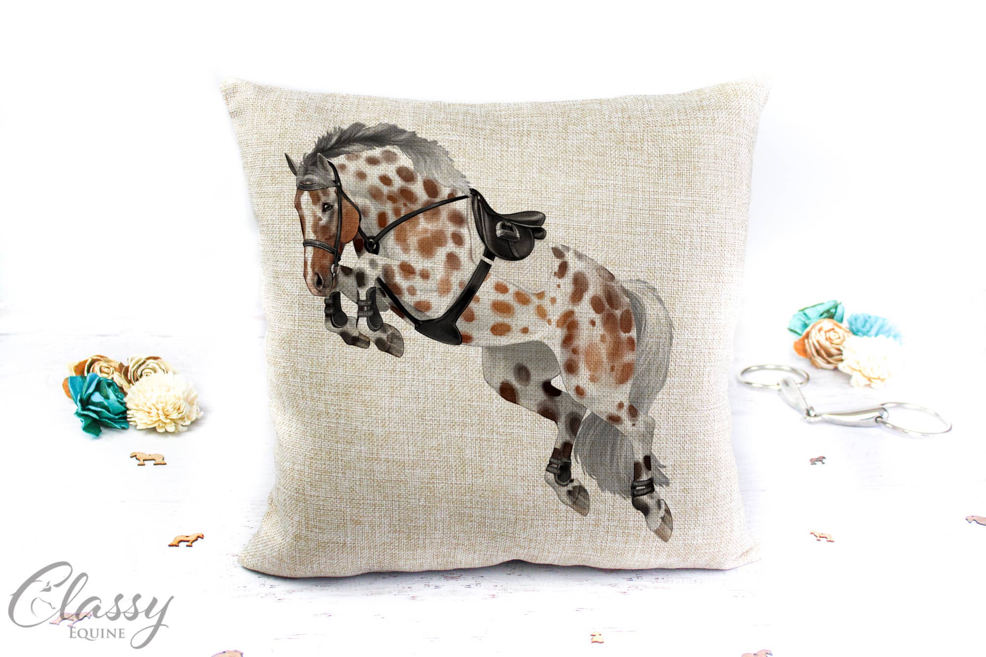 Jumping Horse Pillow Cover featuring a 3/4 angle jumping horse design on a polyester linen fabric, perfect for equestrian decor.