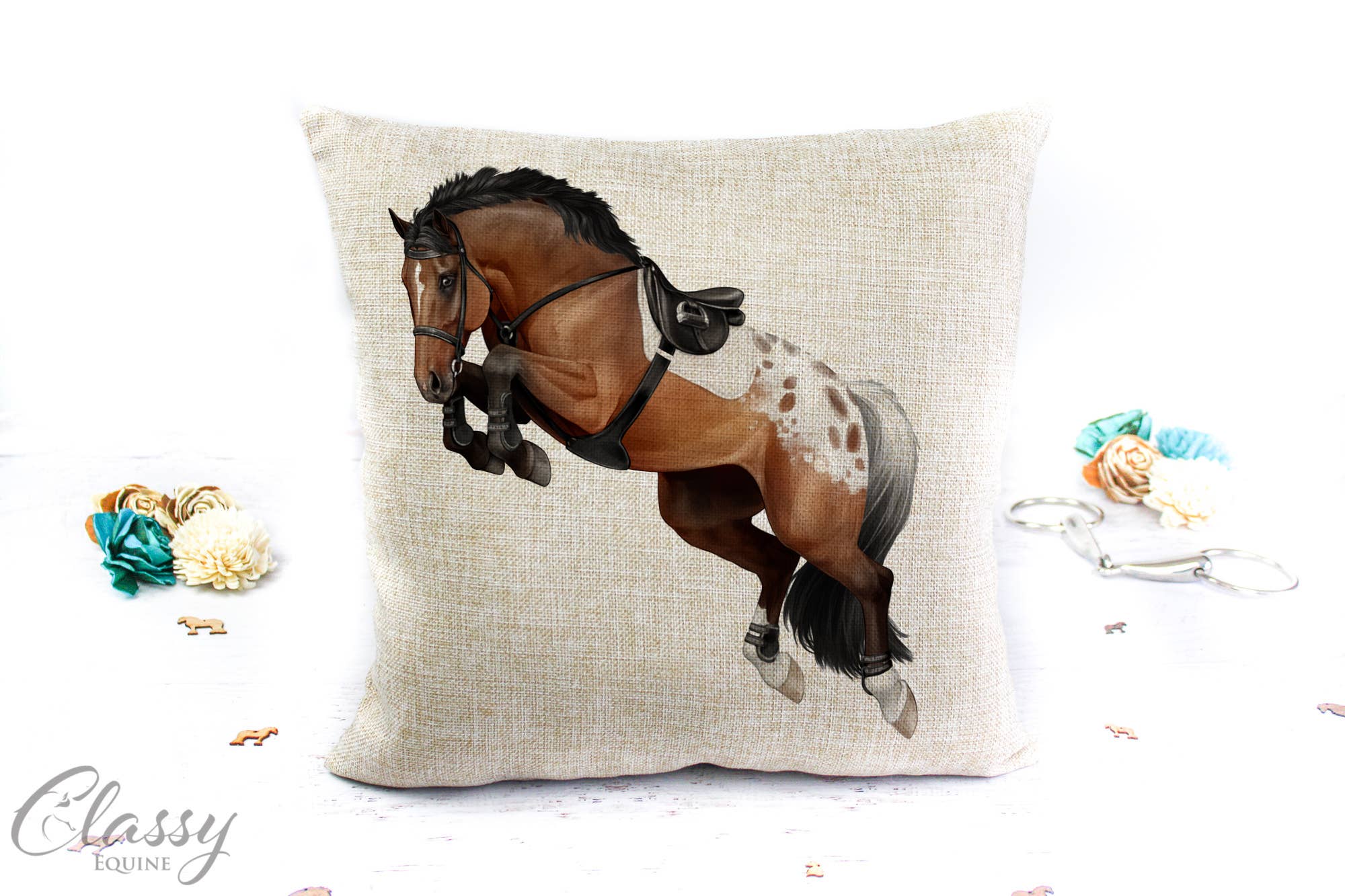 Jumping Horse Pillow Cover featuring a 3/4 angle jumping horse design on a polyester linen fabric, perfect for equestrian decor.