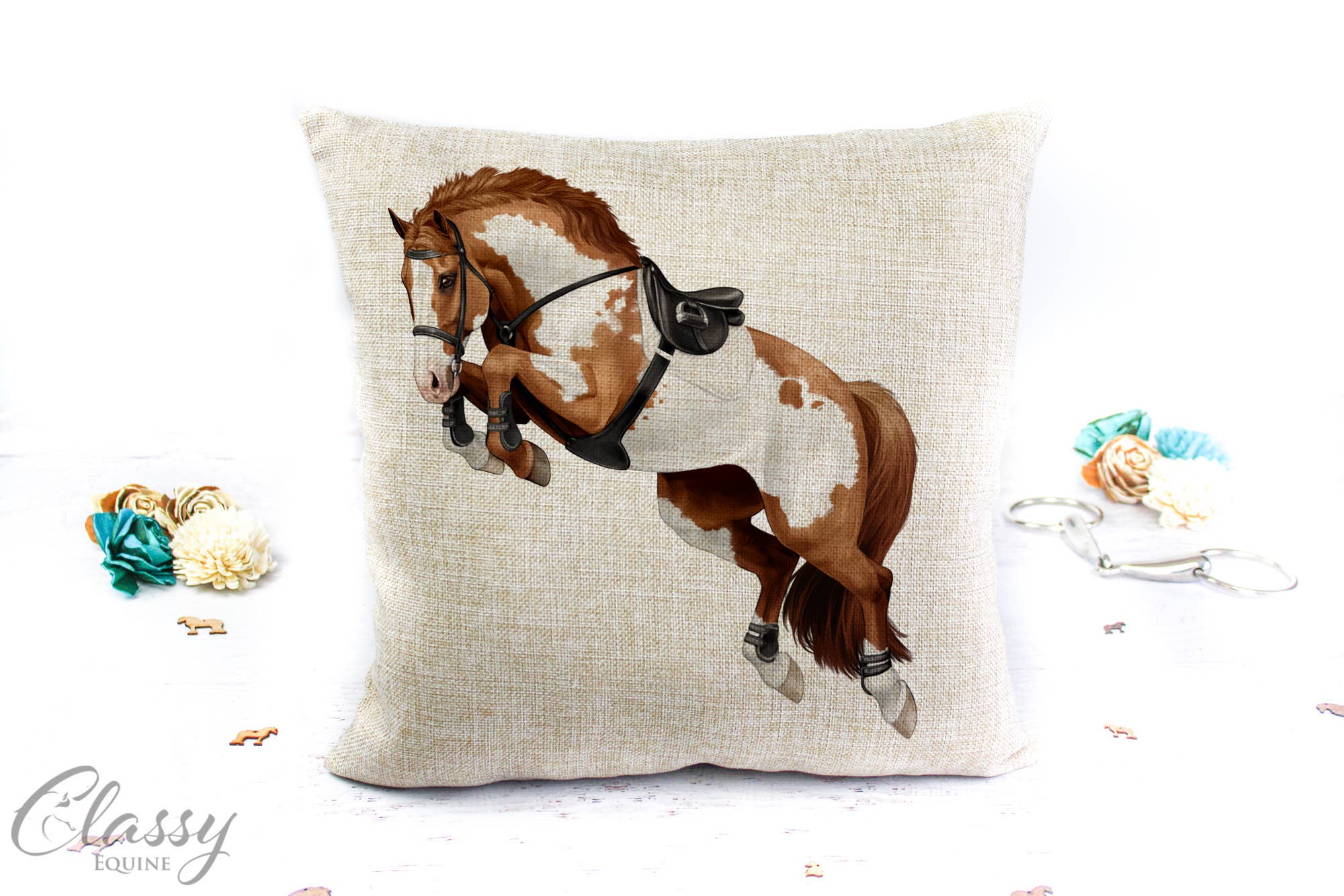 Jumping Horse Pillow Cover featuring a 3/4 angle jumping horse design on a polyester linen fabric, perfect for equestrian decor.