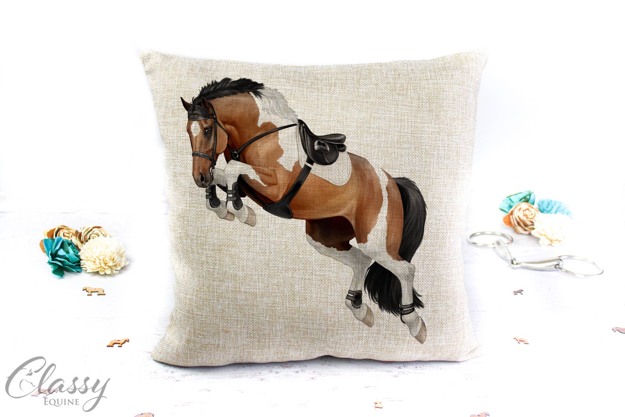 Jumping Horse Pillow Cover featuring a 3/4 angle jumping horse design on a polyester linen fabric, perfect for equestrian decor.