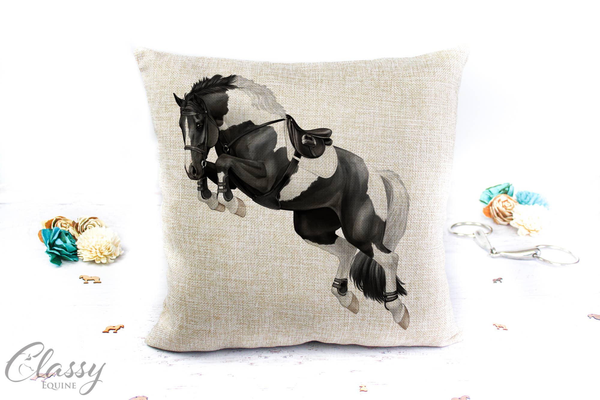 Jumping Horse Pillow Cover featuring a 3/4 angle jumping horse design on a polyester linen fabric, perfect for equestrian decor.