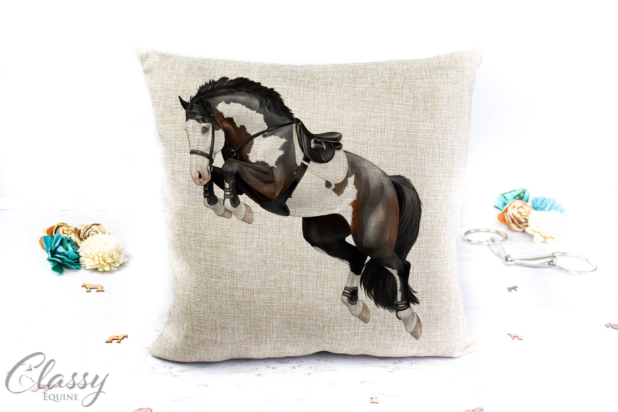 Jumping Horse Pillow Cover featuring a 3/4 angle jumping horse design on a polyester linen fabric, perfect for equestrian decor.