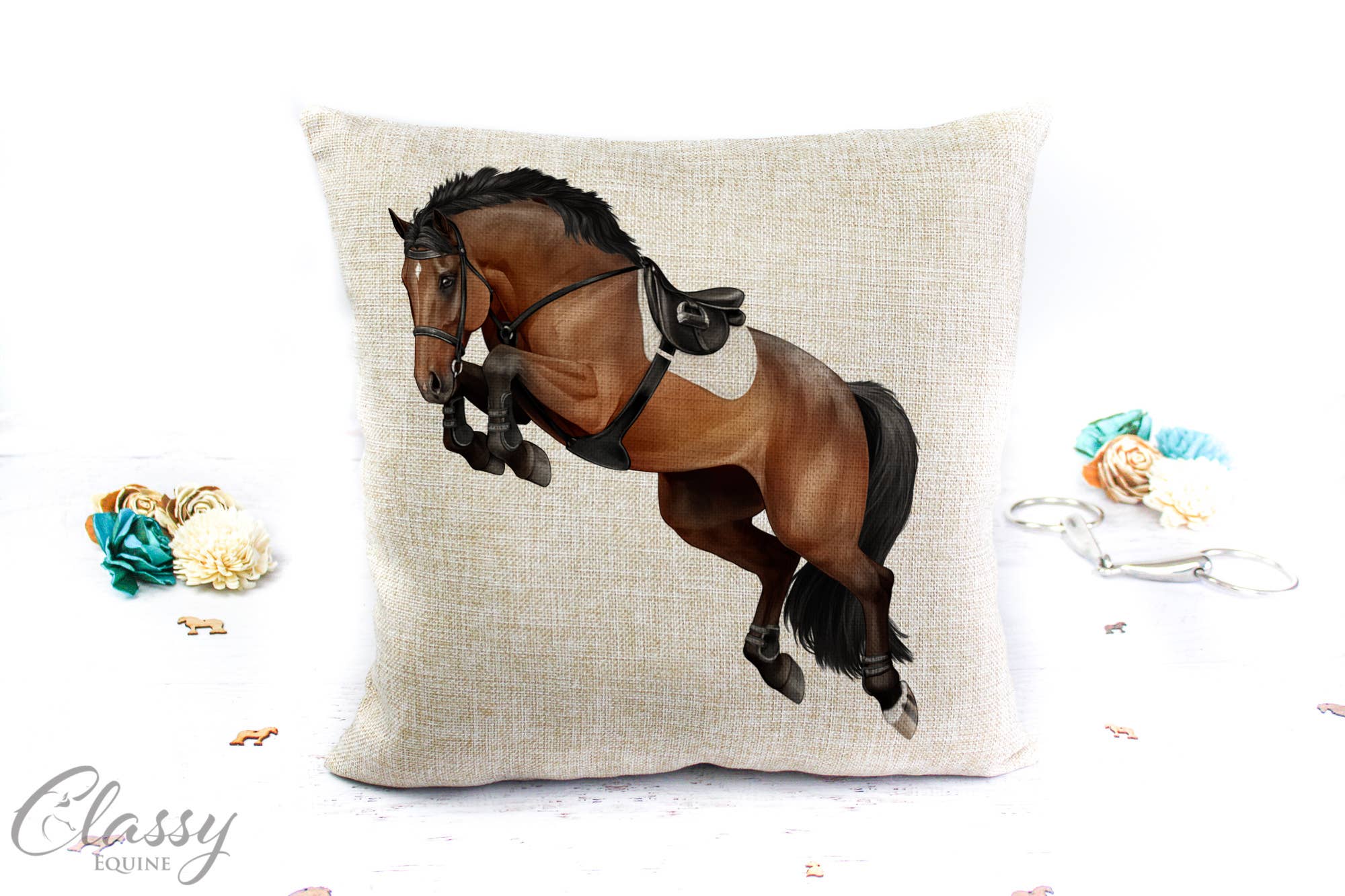Jumping Horse Pillow Cover featuring a 3/4 angle jumping horse design on a polyester linen fabric, perfect for equestrian decor.