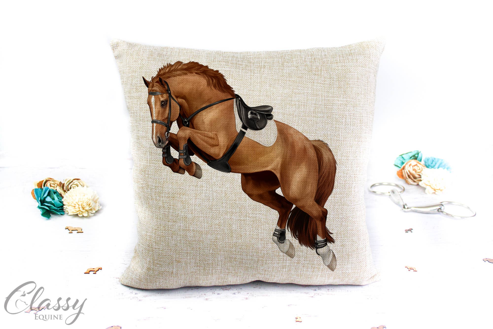 Jumping Horse Pillow Cover featuring a 3/4 angle jumping horse design on a polyester linen fabric, perfect for equestrian decor.