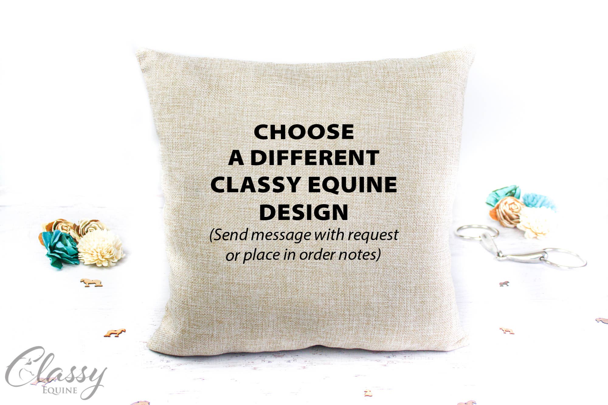 Jumping Horse Pillow Cover featuring a 3/4 angle jumping horse design on a polyester linen fabric, perfect for equestrian decor.