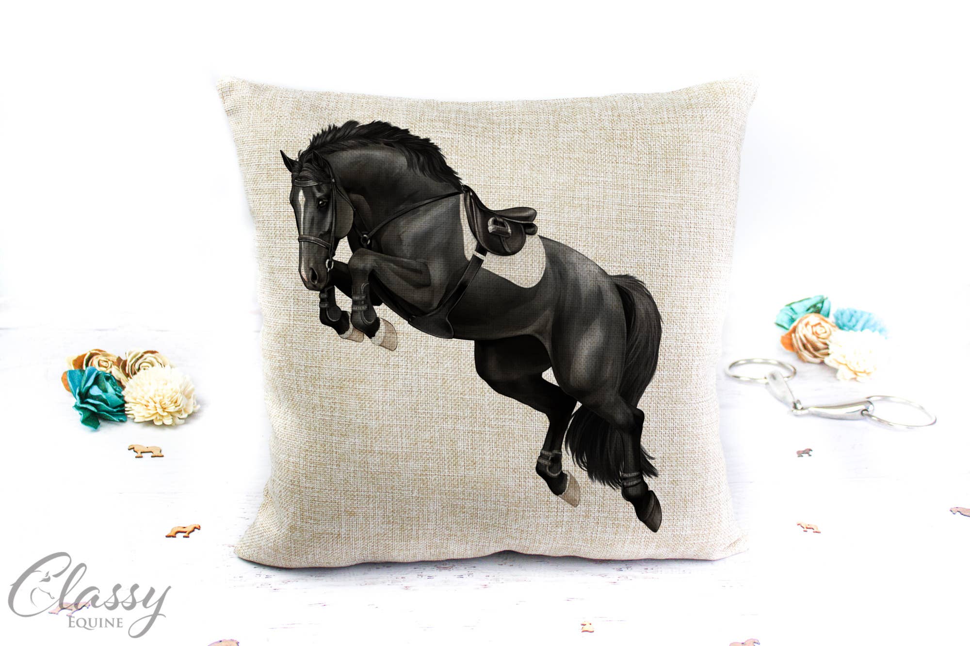 Jumping Horse Pillow Cover featuring a 3/4 angle jumping horse design on a polyester linen fabric, perfect for equestrian decor.