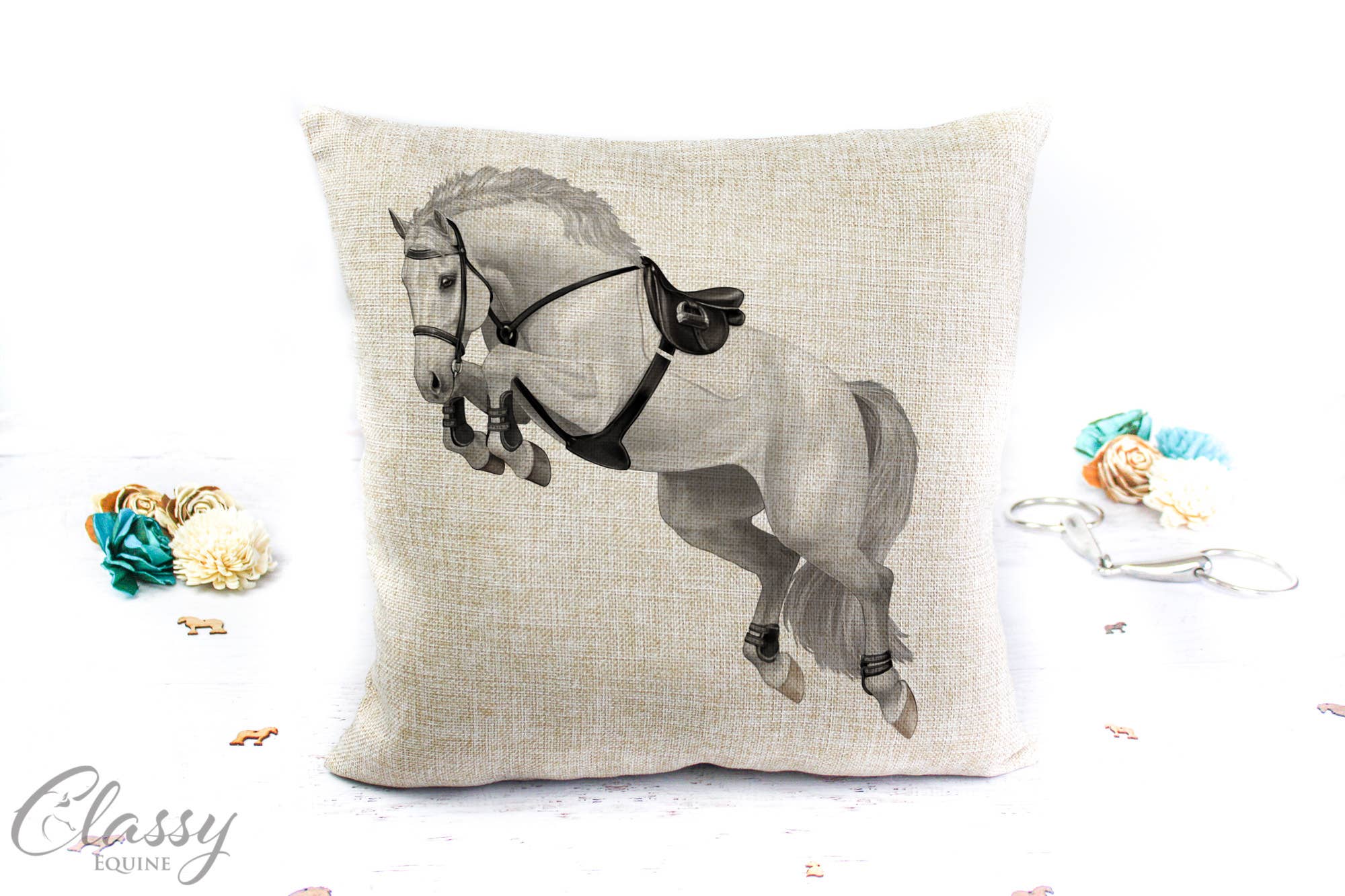 Jumping Horse Pillow Cover featuring a 3/4 angle jumping horse design on a polyester linen fabric, perfect for equestrian decor.