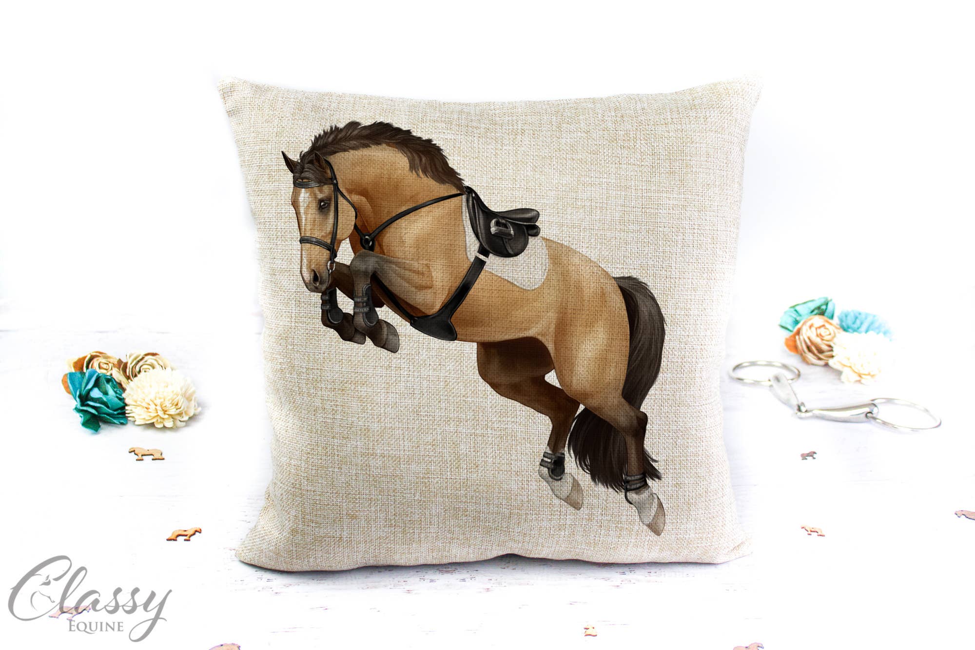 Jumping Horse Pillow Cover featuring a 3/4 angle jumping horse design on a polyester linen fabric, perfect for equestrian decor.