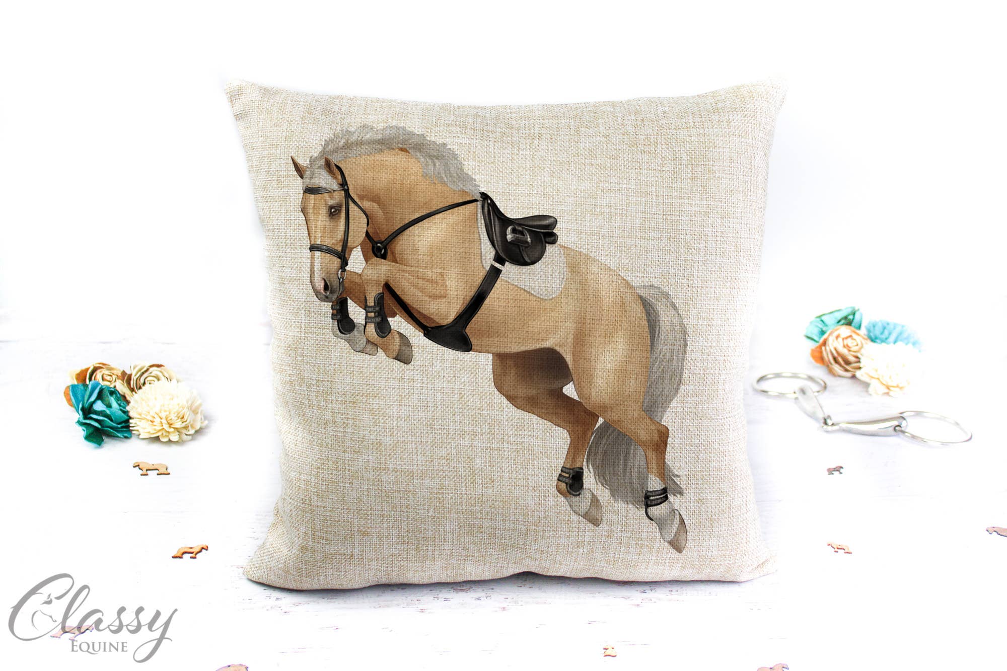 Jumping Horse Pillow Cover featuring a 3/4 angle jumping horse design on a polyester linen fabric, perfect for equestrian decor.
