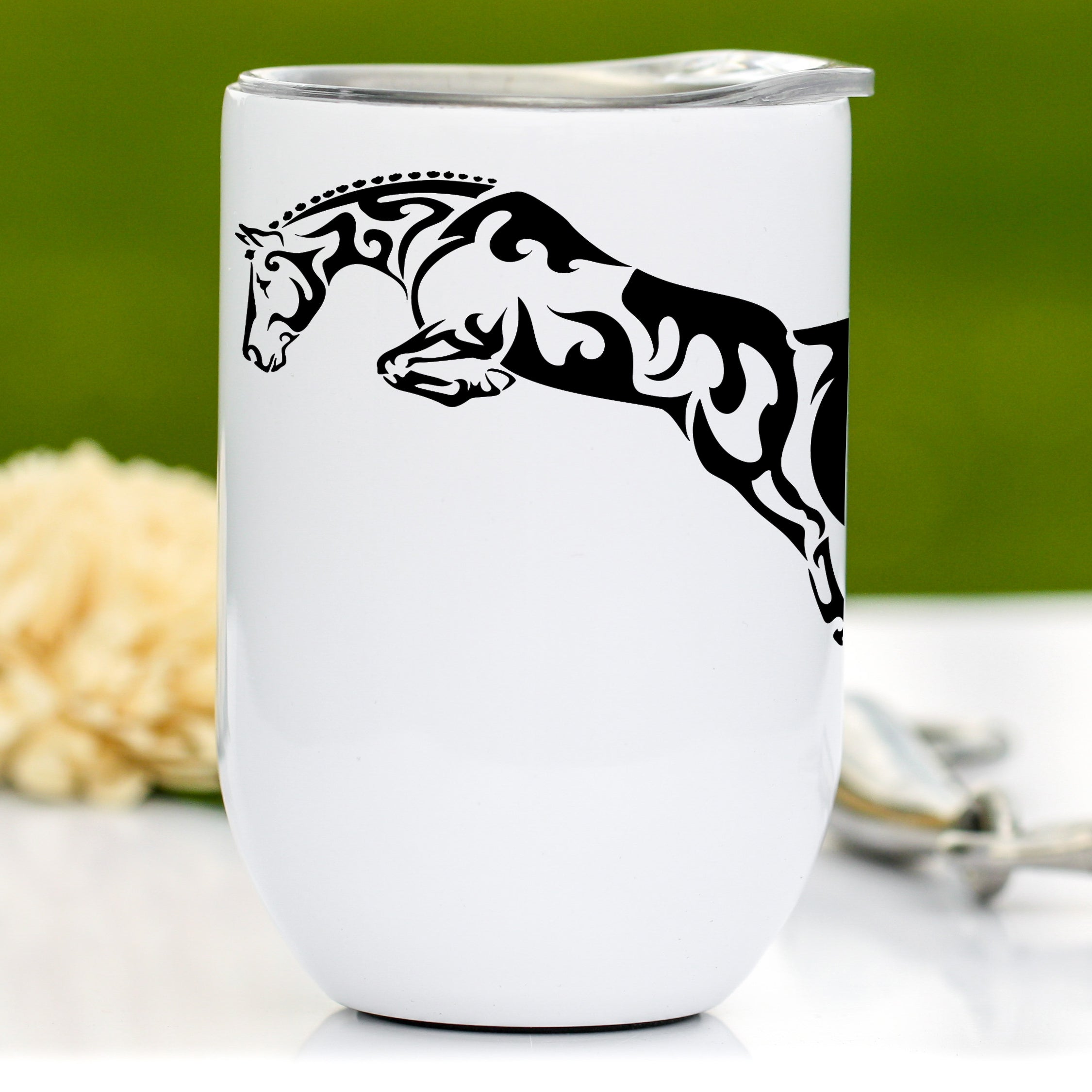 Jumping Horse Wine Tumbler in white powder-coated stainless steel with tribal horse design, perfect for outdoor use.
