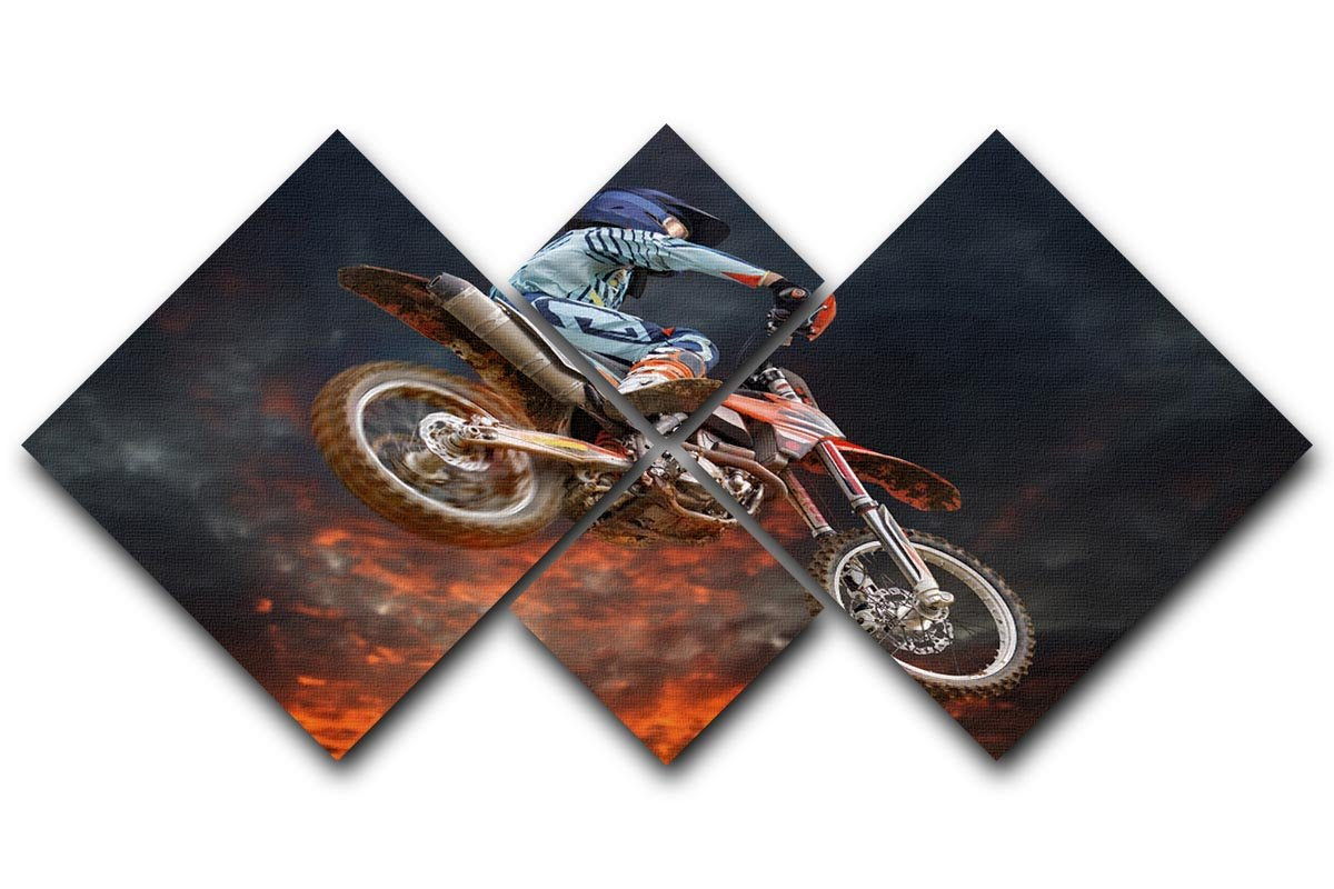 A dynamic multi-panel canvas artwork featuring a motocross rider jumping in mid-air, divided into four equal sections for a striking visual effect.