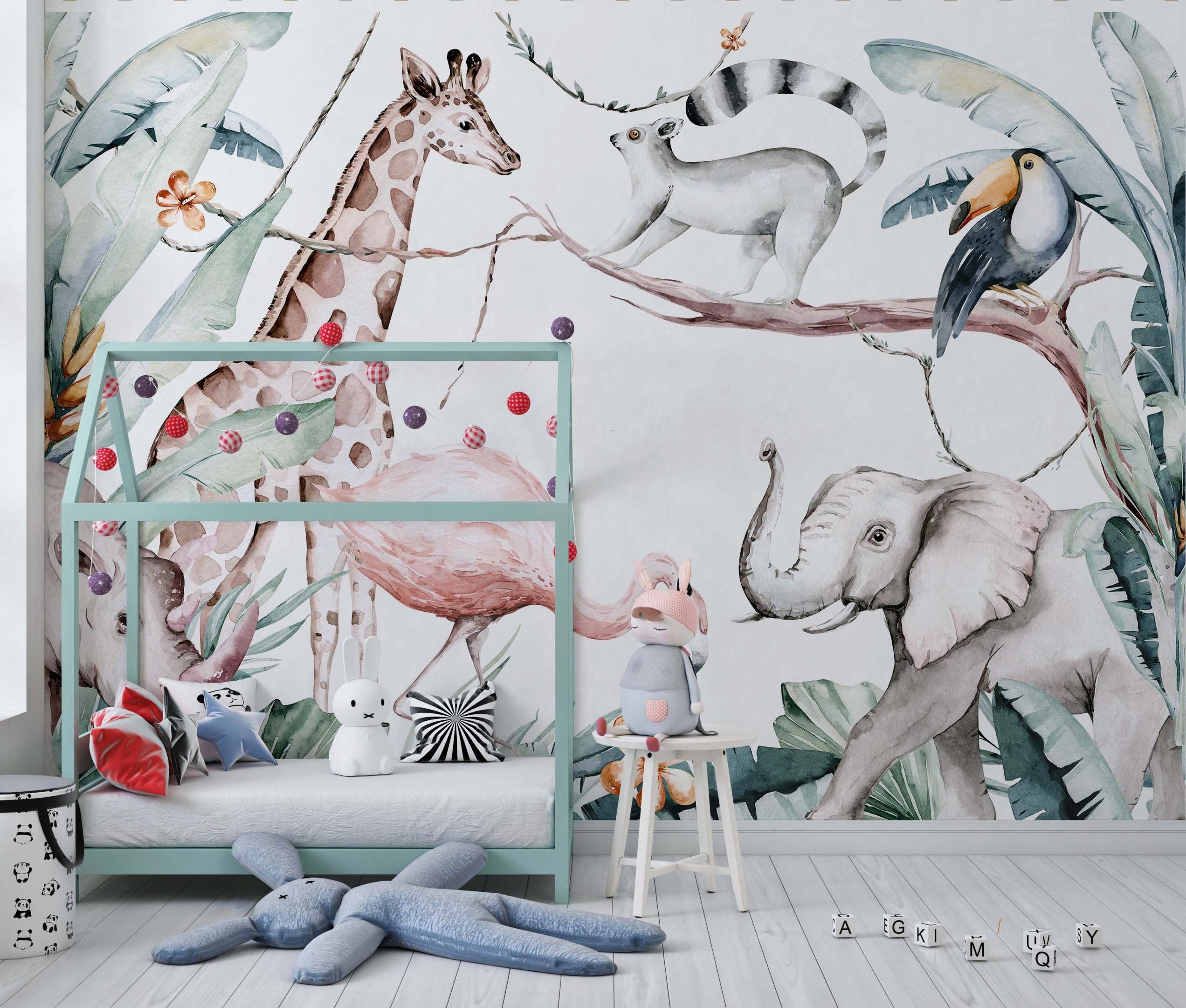 Colorful Jungle Friends wallpaper mural featuring playful safari animals in a watercolor style, perfect for kids' rooms.