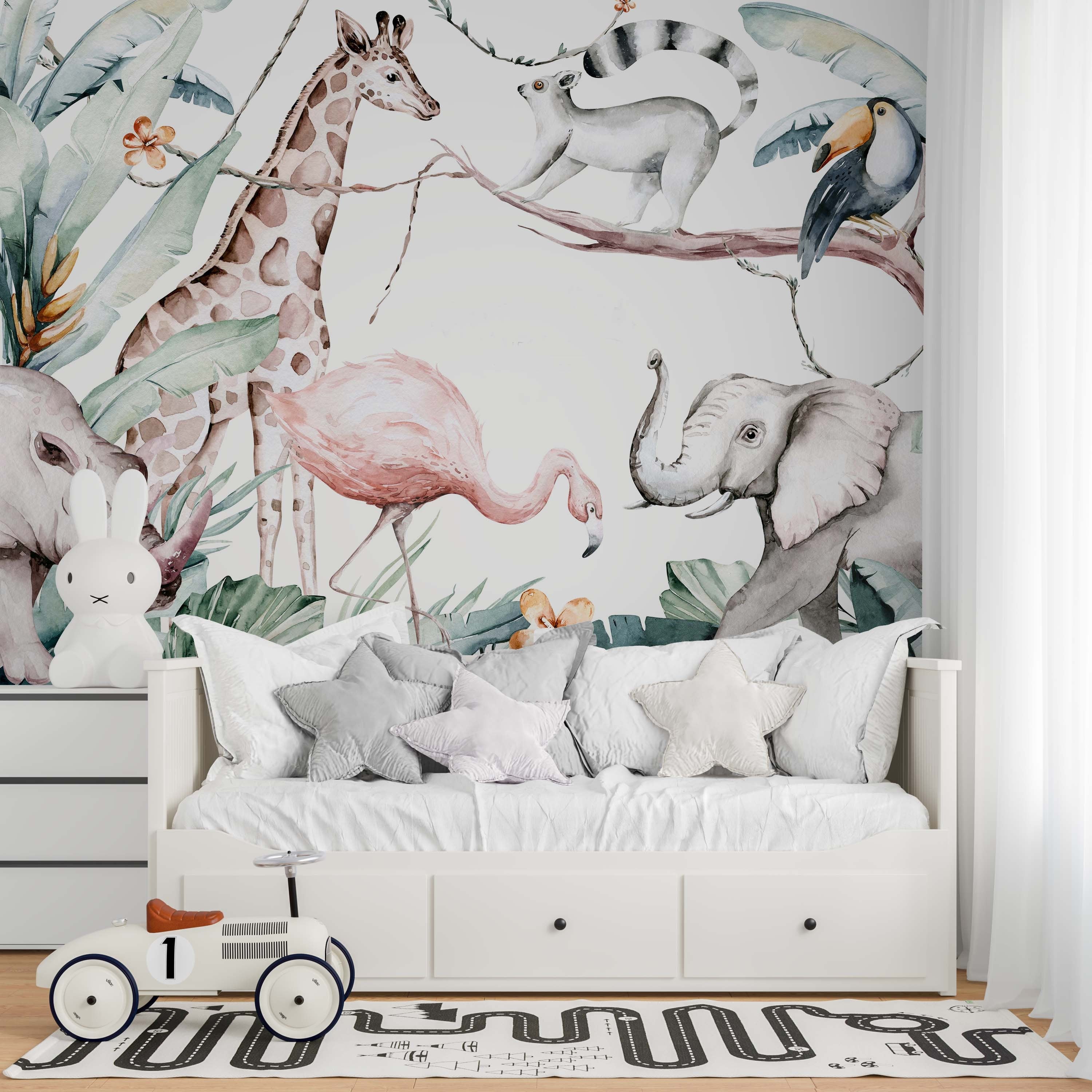 Colorful Jungle Friends wallpaper mural featuring playful safari animals in a watercolor style, perfect for kids' rooms.