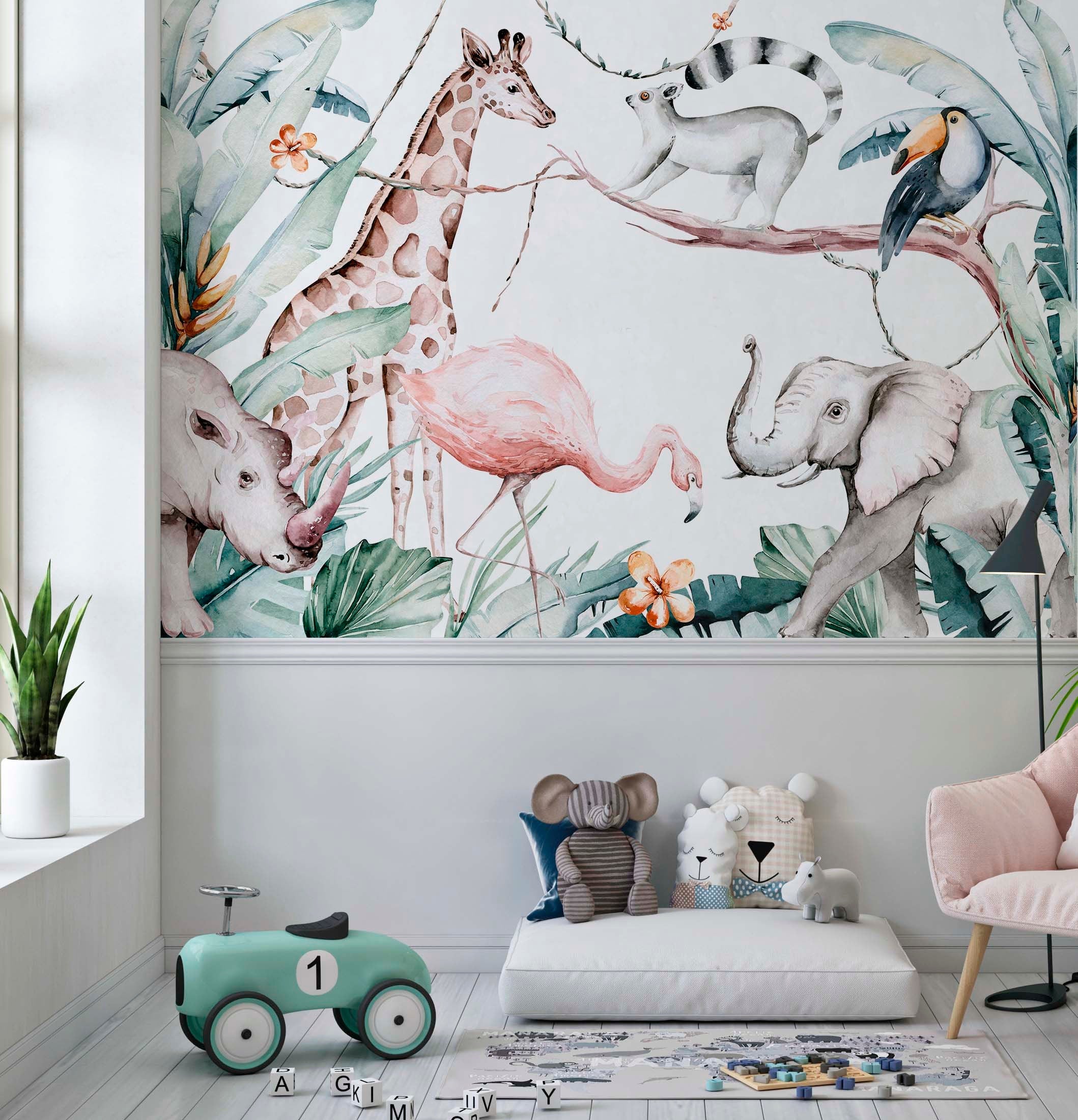 Colorful Jungle Friends wallpaper mural featuring playful safari animals in a watercolor style, perfect for kids' rooms.