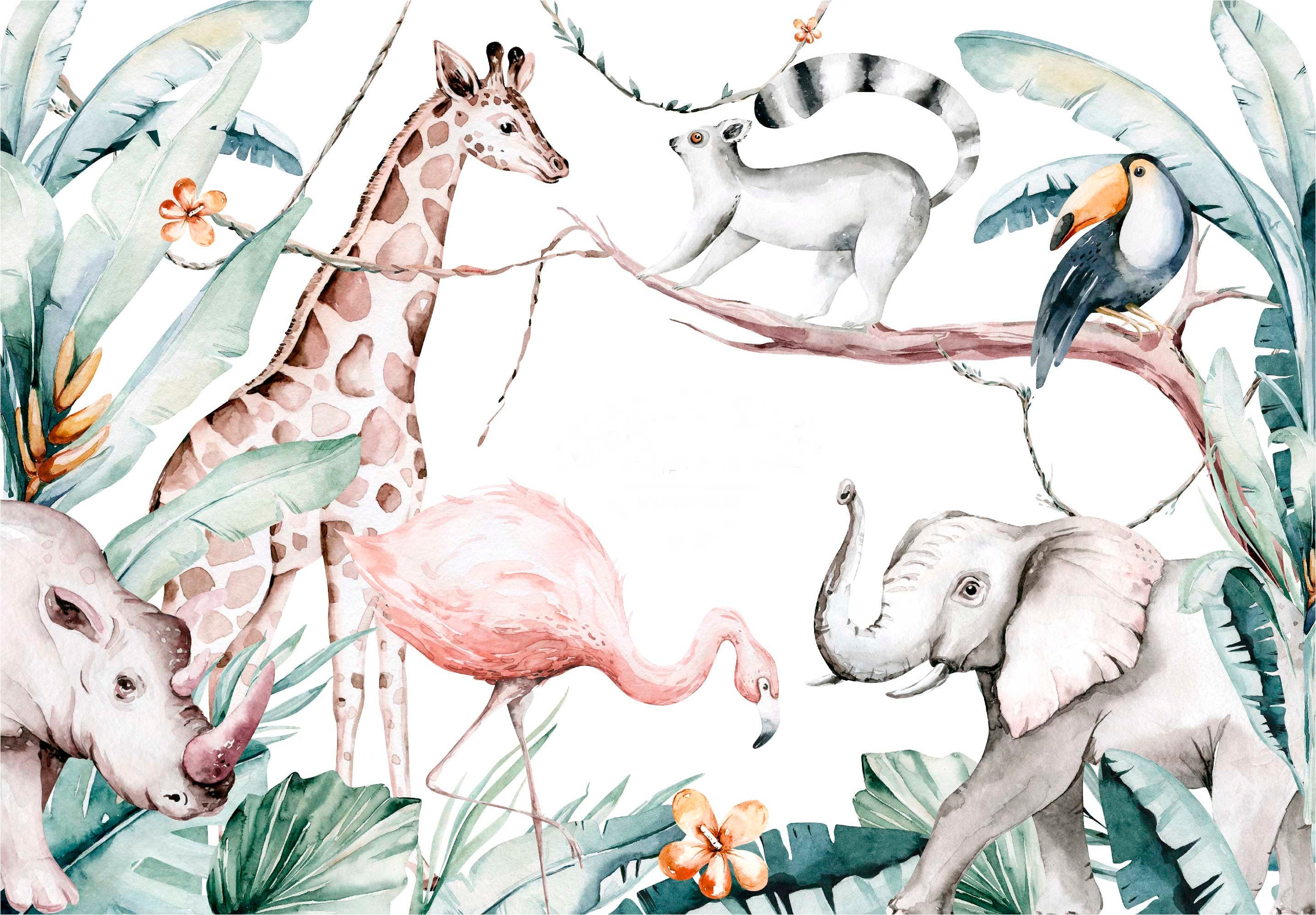 Colorful Jungle Friends wallpaper mural featuring playful safari animals in a watercolor style, perfect for kids' rooms.