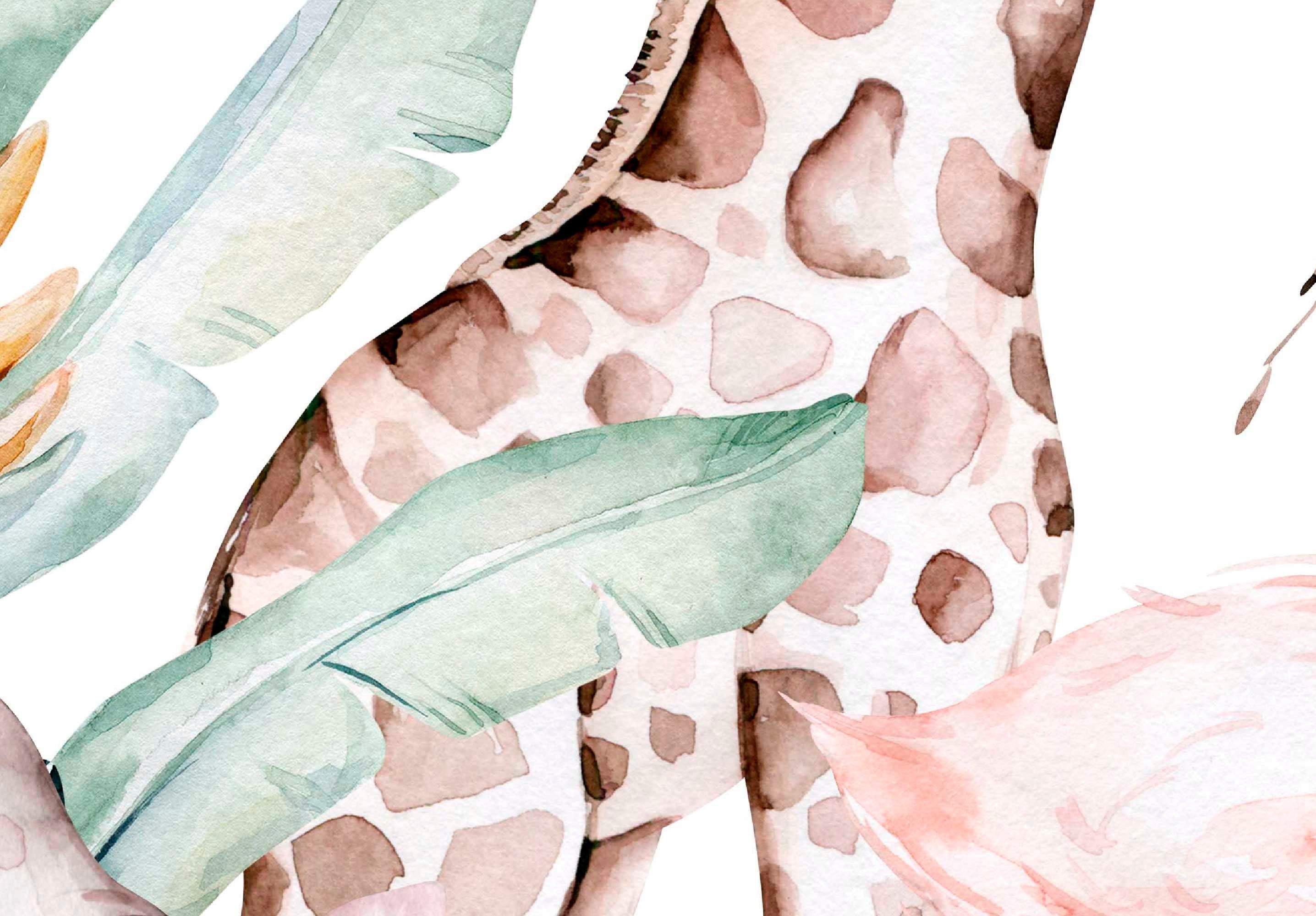 Colorful Jungle Friends wallpaper mural featuring playful safari animals in a watercolor style, perfect for kids' rooms.