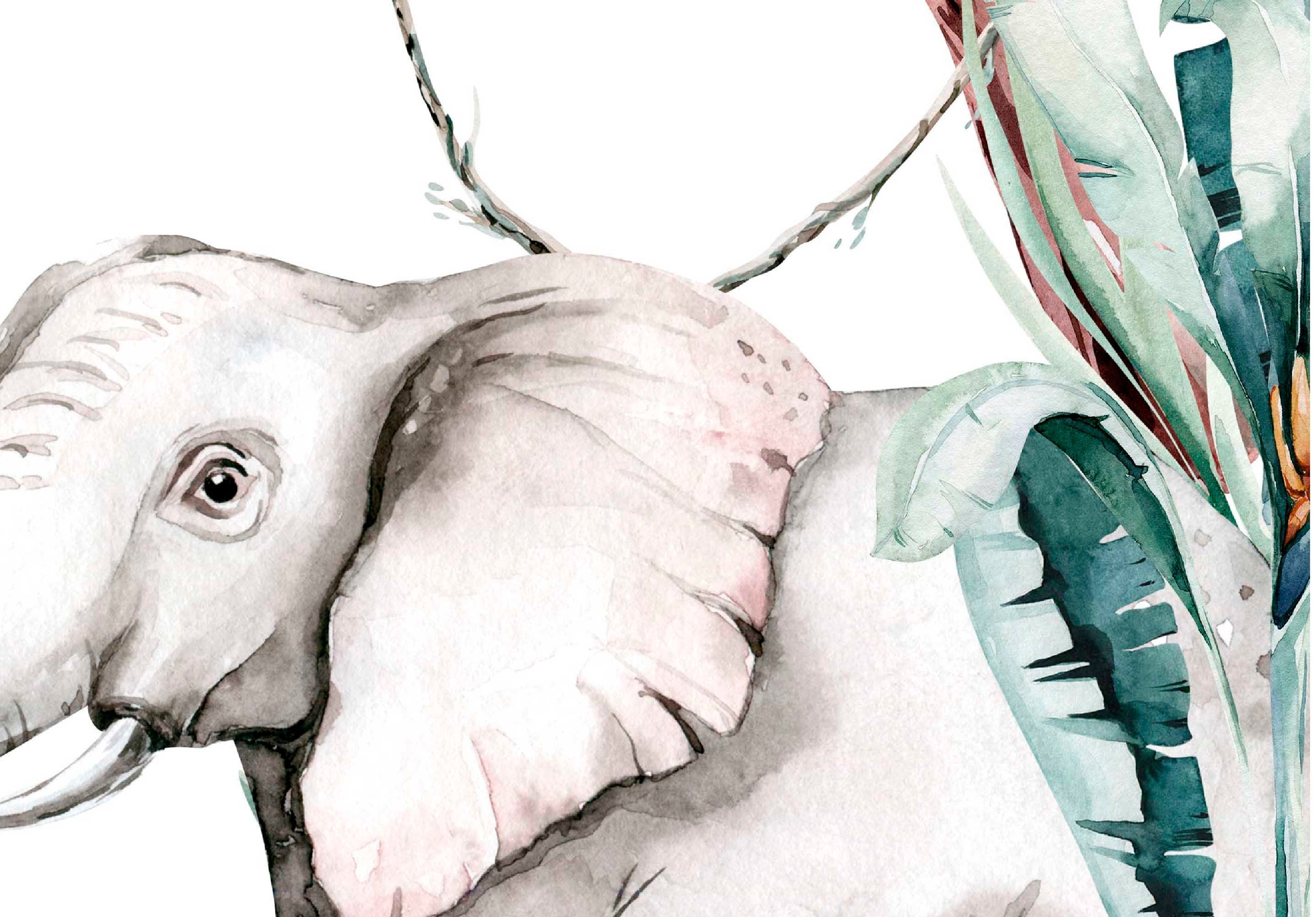 Colorful Jungle Friends wallpaper mural featuring playful safari animals in a watercolor style, perfect for kids' rooms.