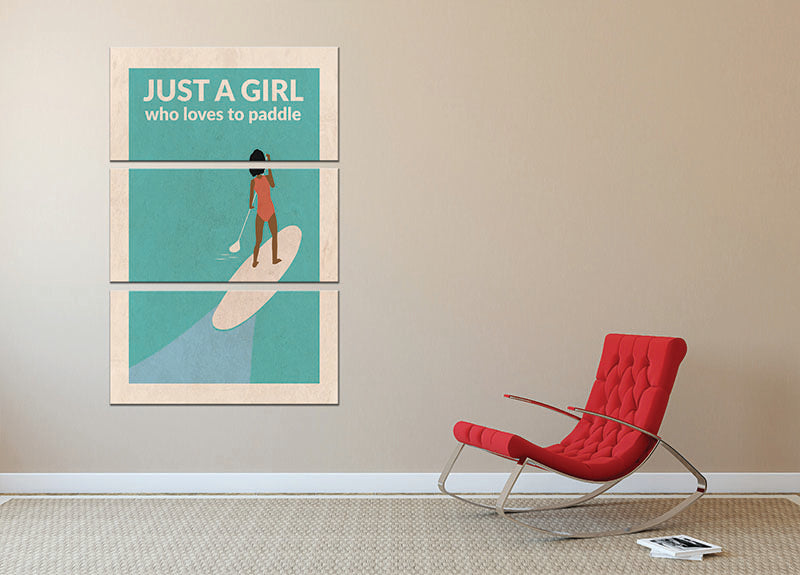 Three-panel canvas print featuring a girl paddling, showcasing vibrant colors and artistic design.