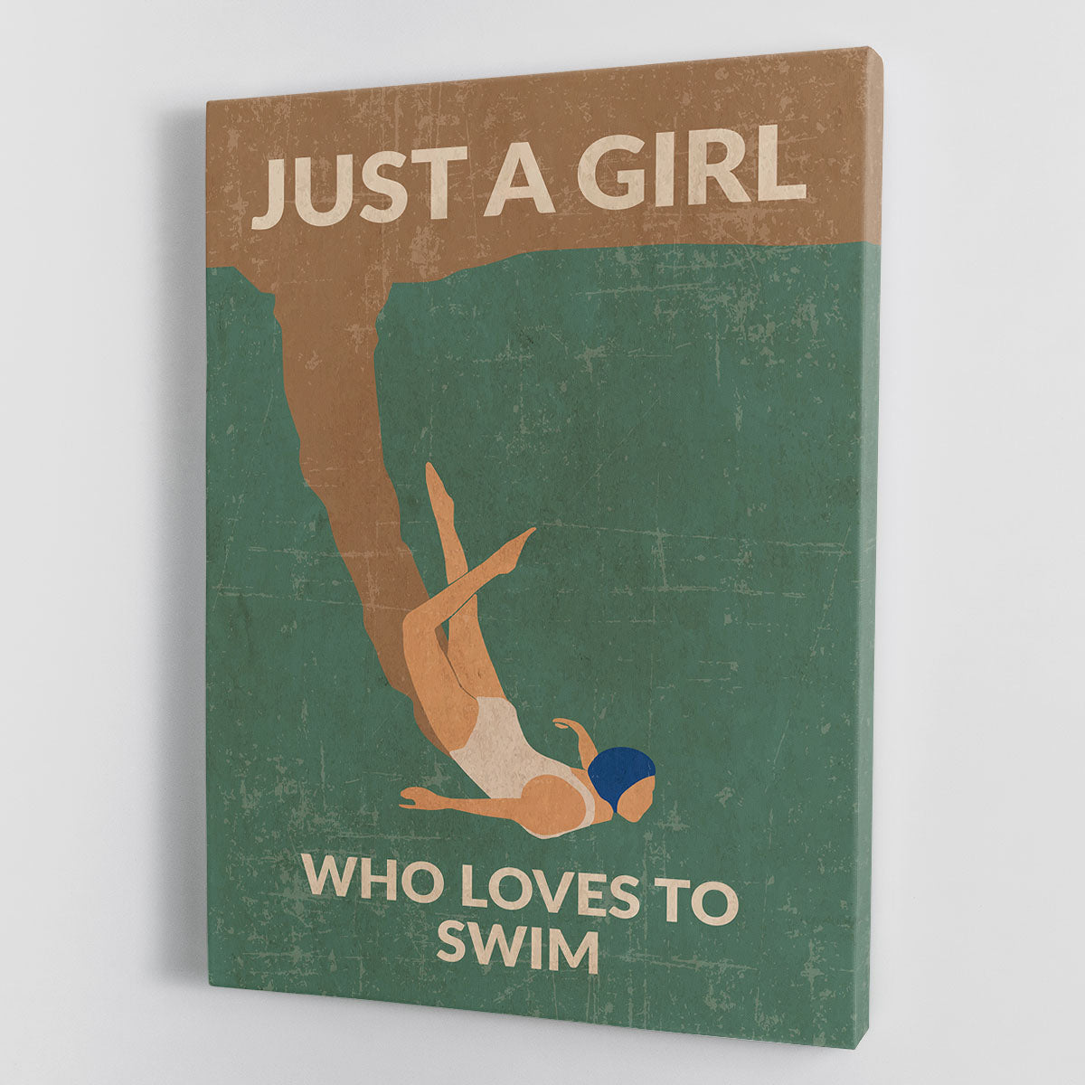 A vibrant green canvas print featuring a girl swimming, perfect for decor.