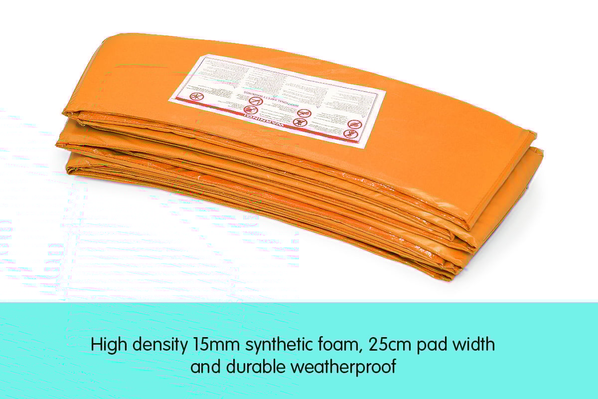 Kahuna 12ft trampoline replacement pad in orange, featuring durable UV-proof PVC and high-density foam padding.