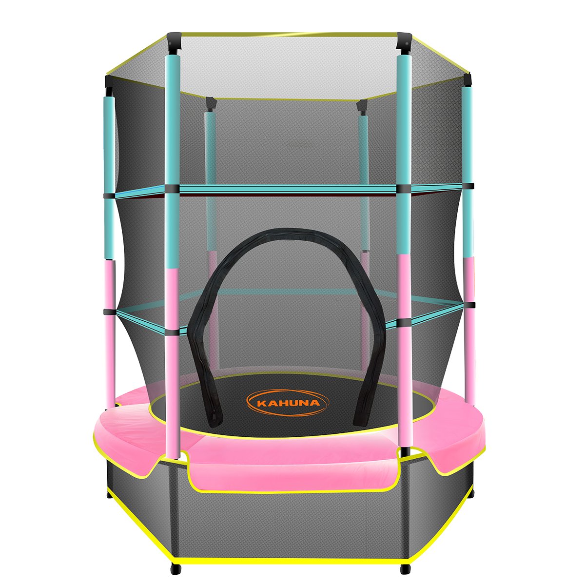 Kahuna 4.5ft trampoline with safety net and padded springs, designed for children's outdoor play.