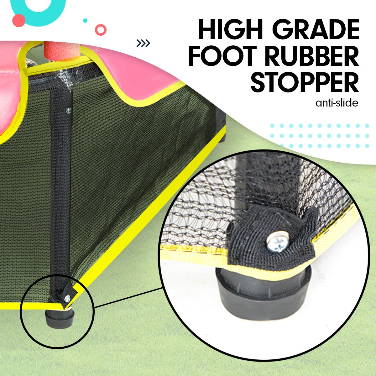 Kahuna 4.5ft trampoline with safety net and padded springs, designed for children's outdoor play.