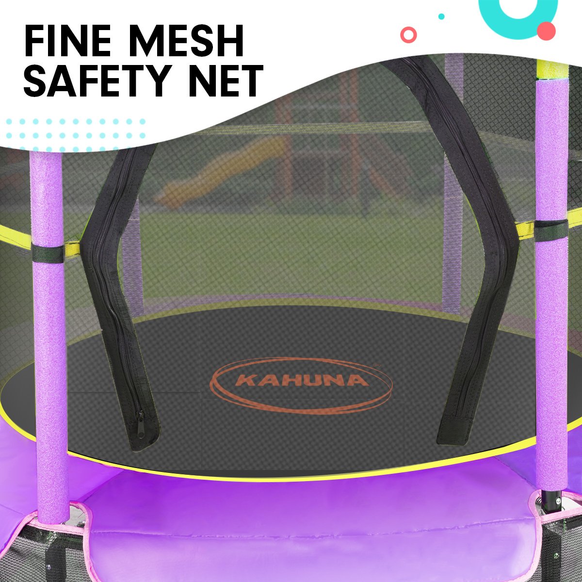 Kahuna 4.5ft round trampoline with safety net and padded springs, designed for children's outdoor play.