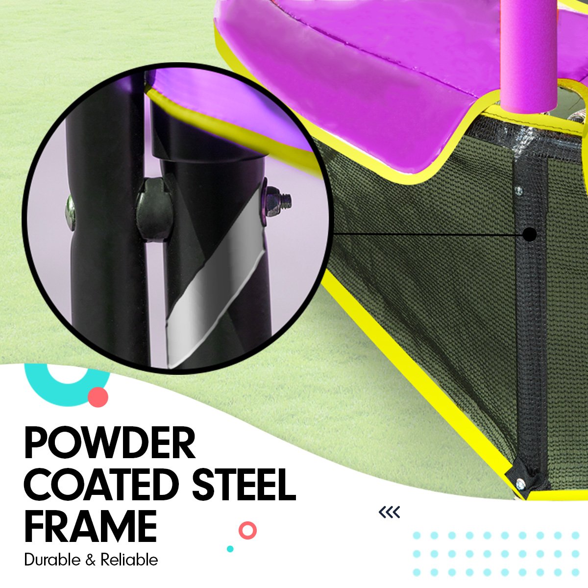 Kahuna 4.5ft round trampoline with safety net and padded springs, designed for children's outdoor play.