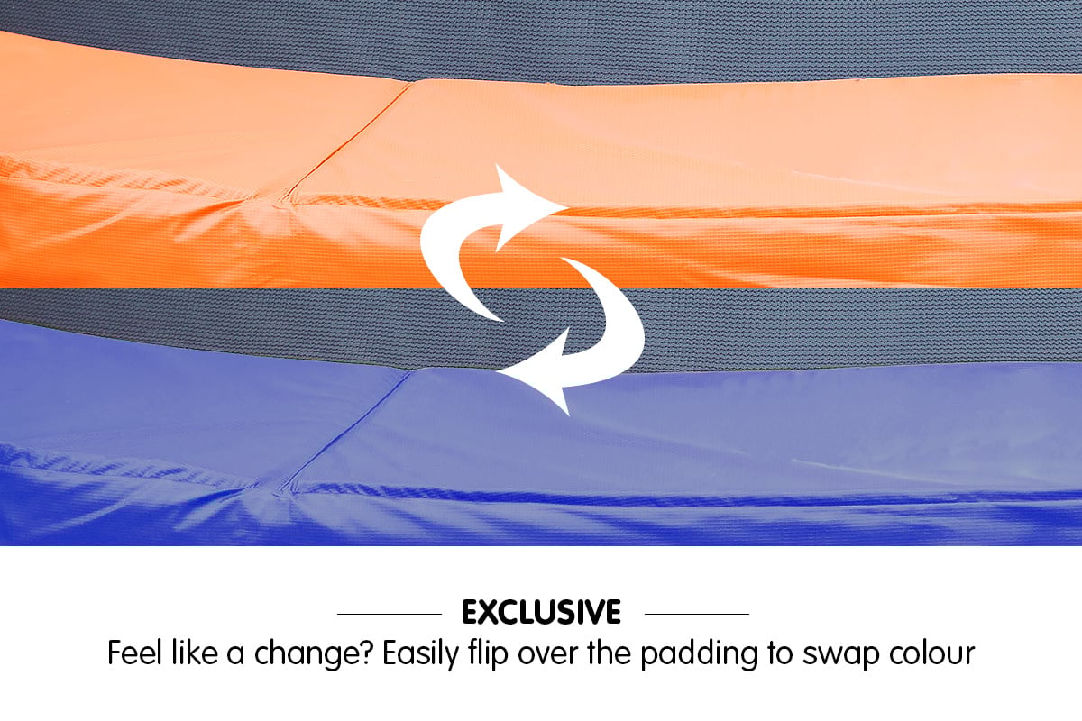 Kahuna 6ft Trampoline Reversible Replacement Pad in orange and blue, showcasing durable PVC material and secure elastic ties.