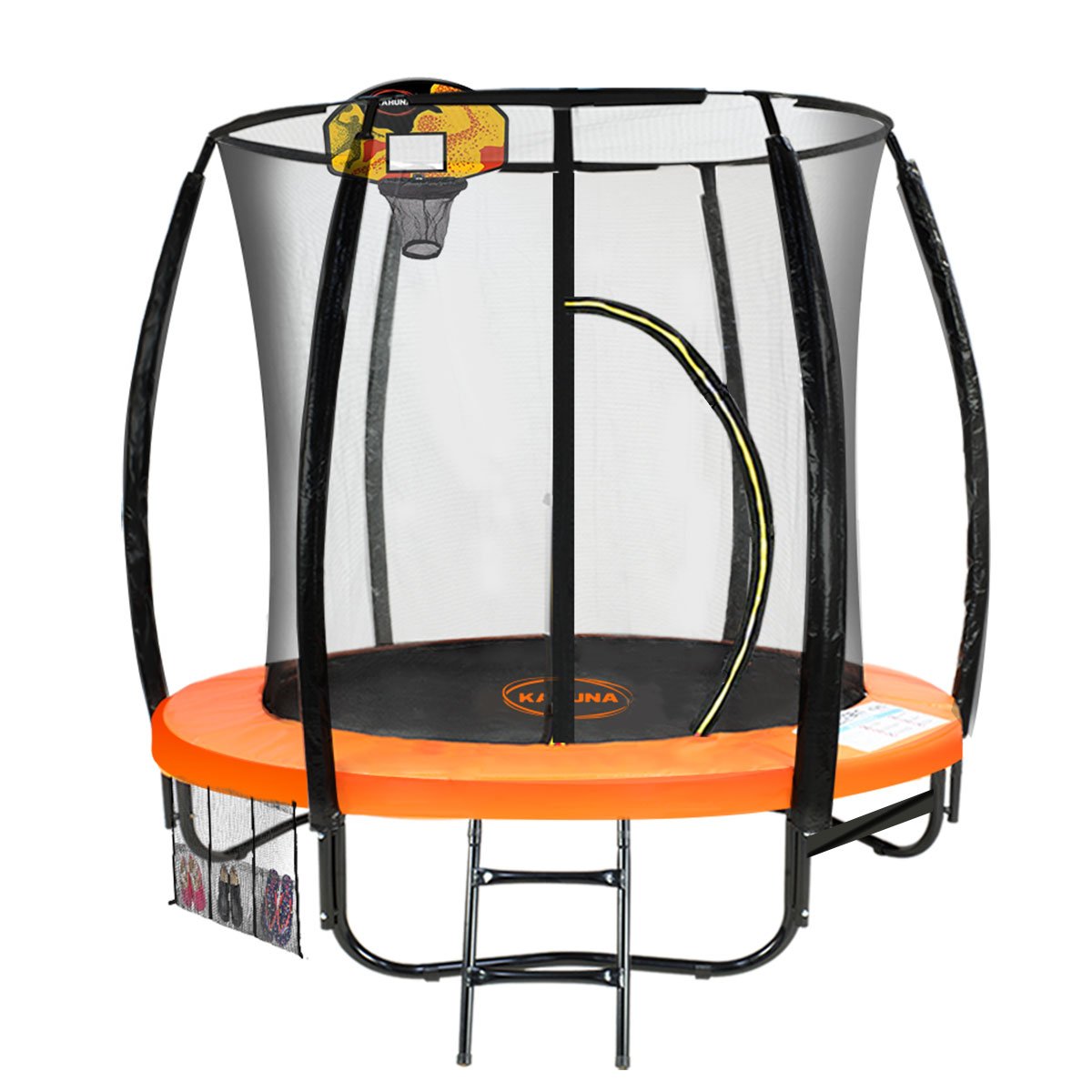 Kahuna Classic 6ft Outdoor Round Orange Trampoline with safety enclosure and basketball kit, designed for kids' fun and safety.